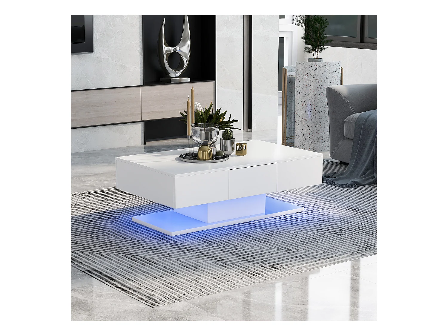 Table basse moderne avec 2 tiroirs, design moderne, MDF, blanc laqué et bois naturel, (100x60x35 cm)