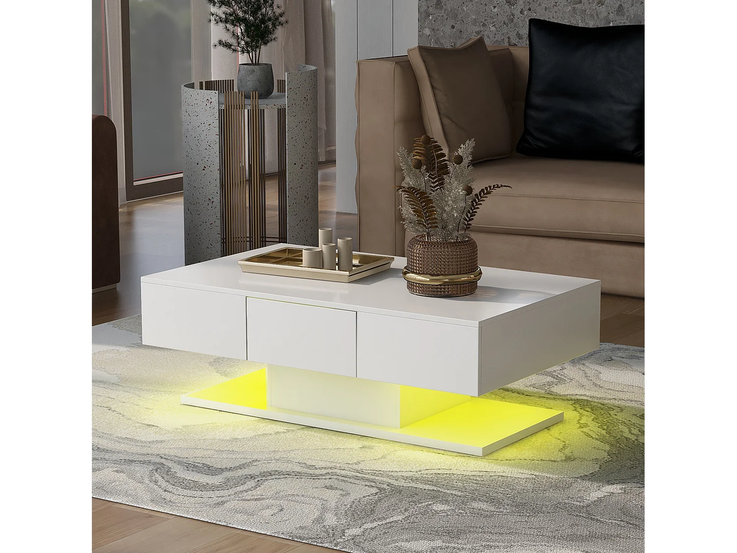 Table basse moderne avec 2 tiroirs, design moderne, MDF, blanc laqué et bois naturel, (100x60x35 cm)