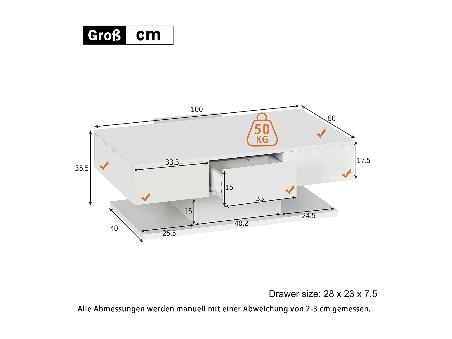 Table basse moderne avec 2 tiroirs, design moderne, MDF, blanc laqué et bois naturel, (100x60x35 cm)