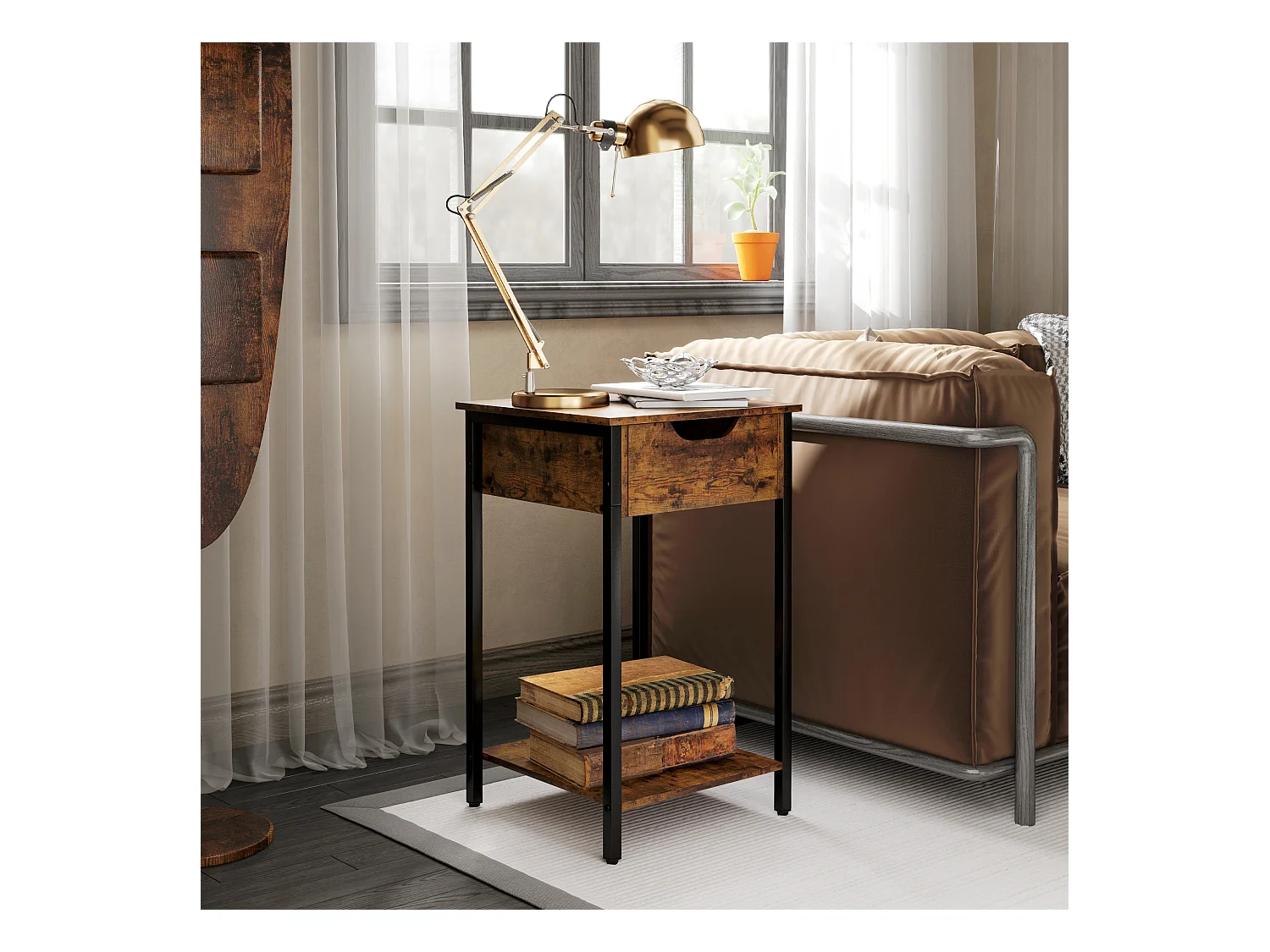 Table d'Appoint Industrielle, Design Rustique, Structure Métallique, Bois, Marron (40x40x68 cm)