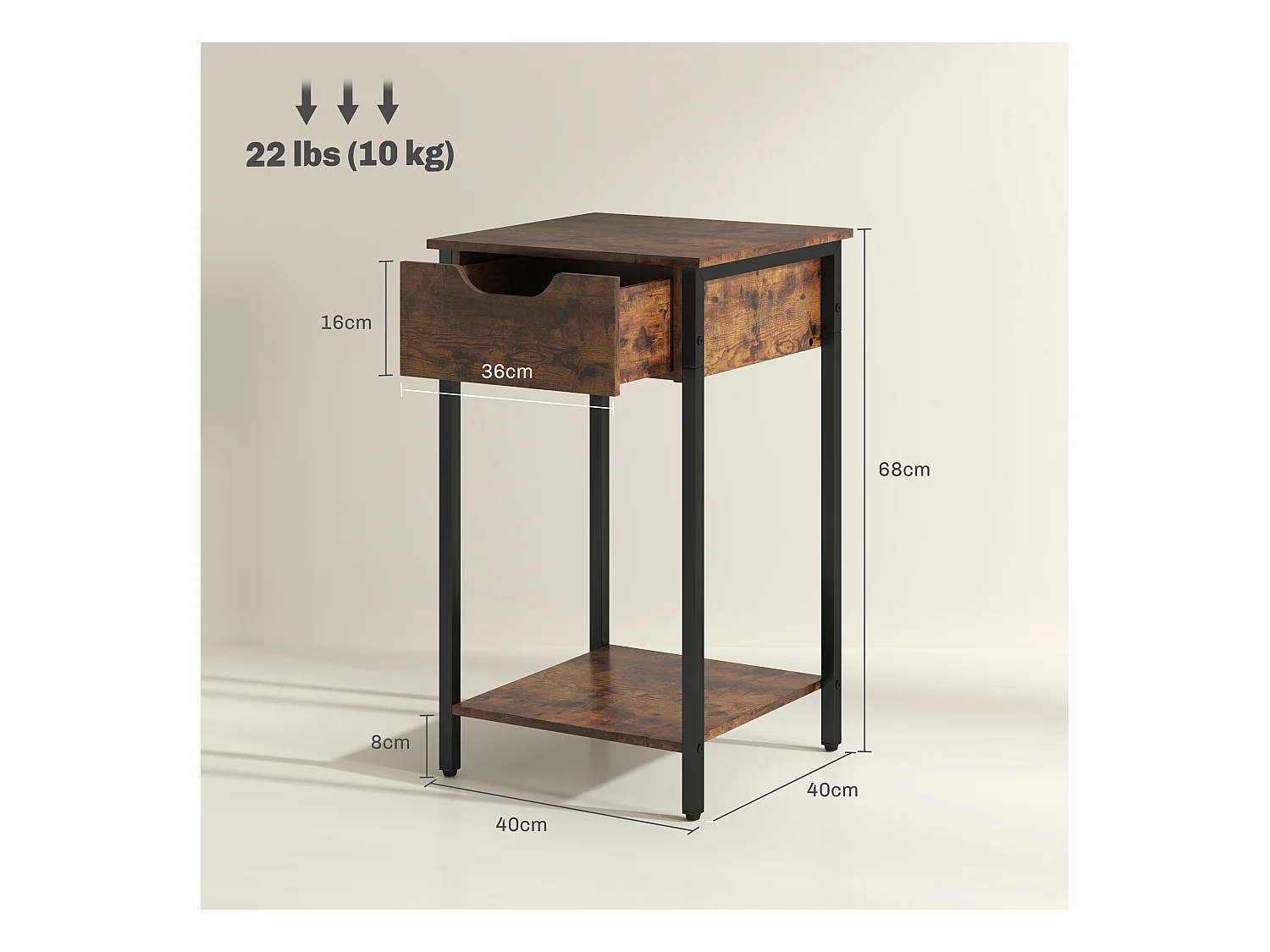 Table d'Appoint Industrielle, Design Rustique, Structure Métallique, Bois, Marron (40x40x68 cm)