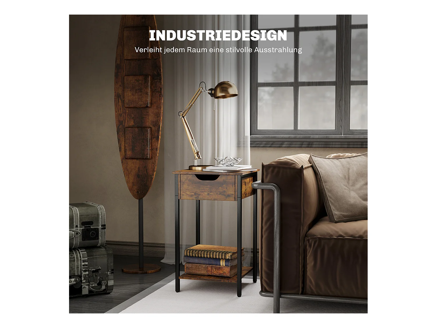 Table d'Appoint Industrielle, Design Rustique, Structure Métallique, Bois, Marron (40x40x68 cm)