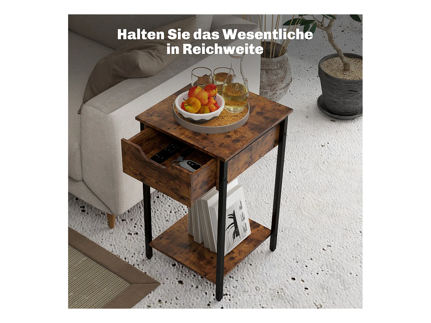 Table d'Appoint Industrielle, Design Rustique, Structure Métallique, Bois, Marron (40x40x68 cm)