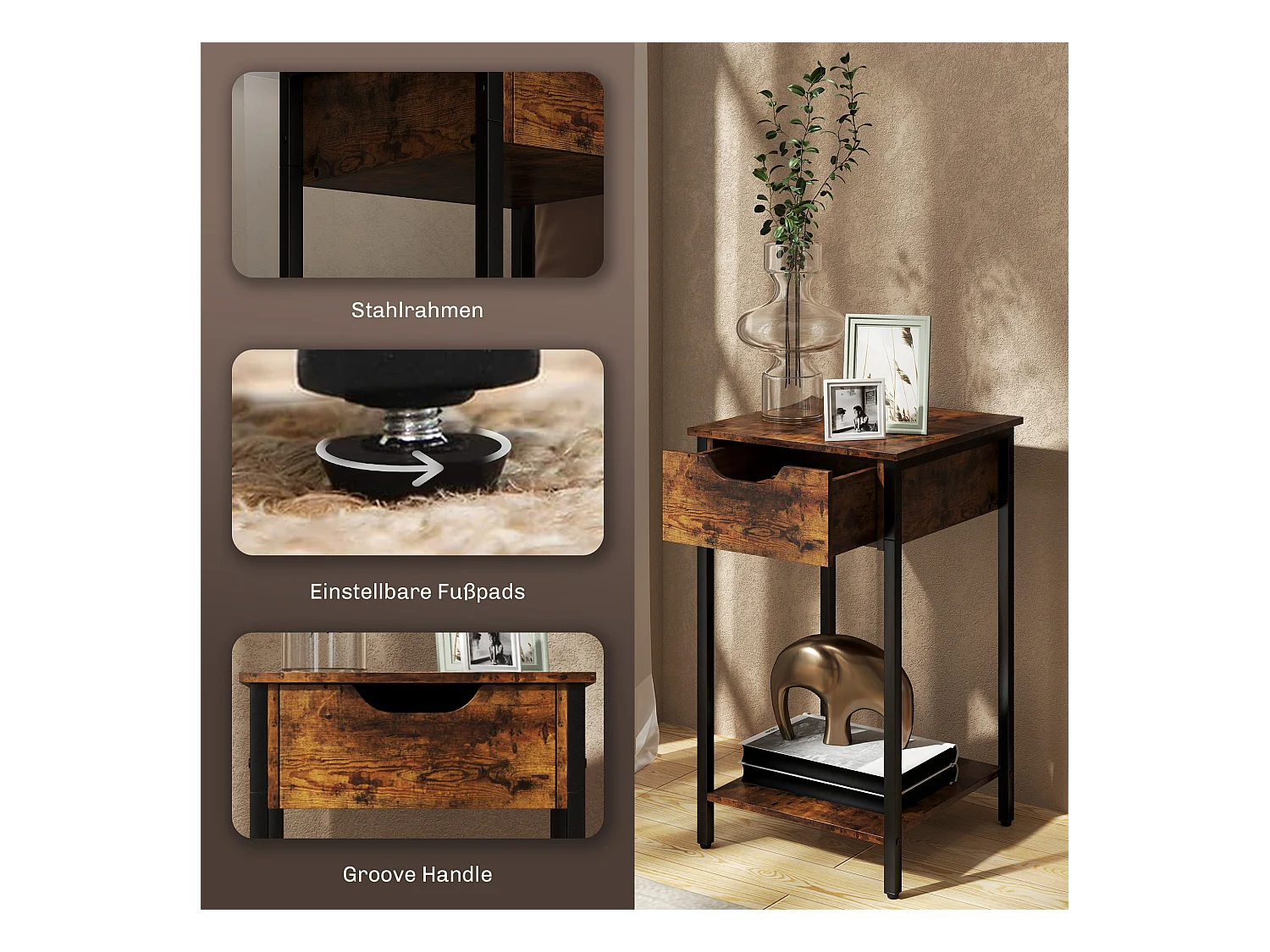 Table d'Appoint Industrielle, Design Rustique, Structure Métallique, Bois, Marron (40x40x68 cm)