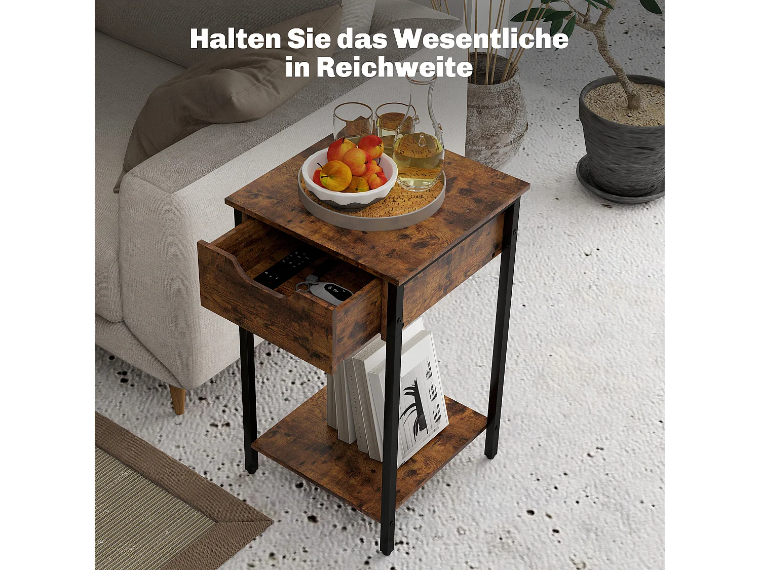 Table d'Appoint Industrielle, Design Rustique, Structure Métallique, Bois, Marron (40x40x68 cm)