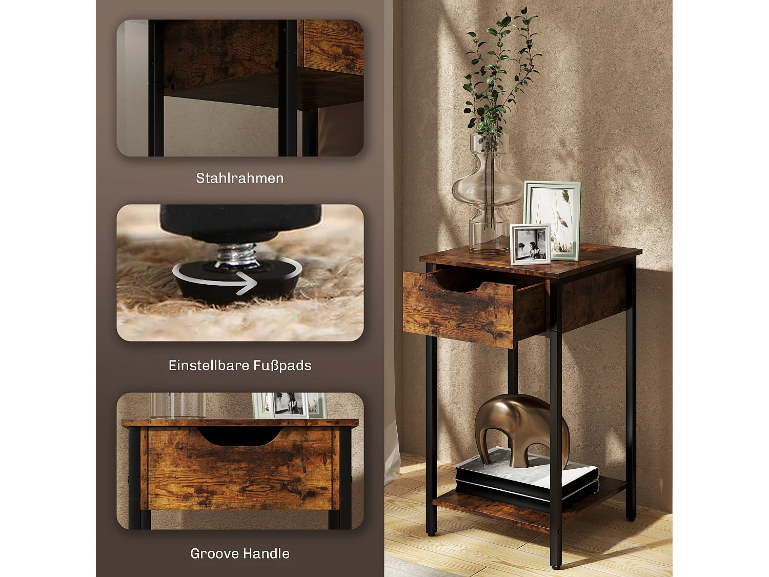 Table d'Appoint Industrielle, Design Rustique, Structure Métallique, Bois, Marron (40x40x68 cm)