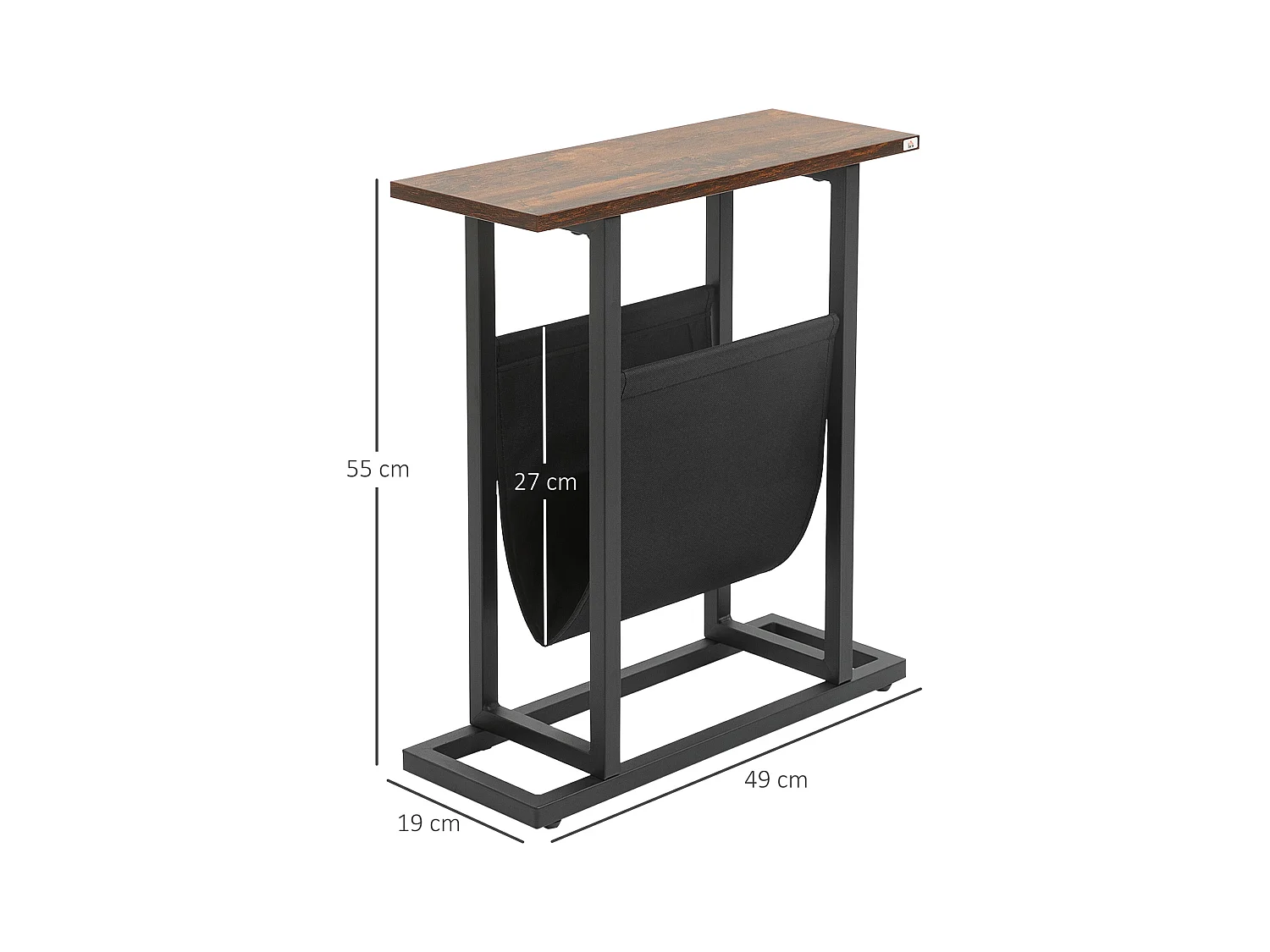 Bijzettafel met opbergvak, stalen frame en houten blad, donkerbruin en zwart (49x19x55cm)