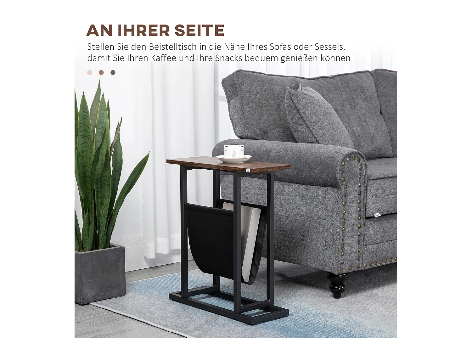 Bijzettafel met opbergvak, stalen frame en houten blad, donkerbruin en zwart (49x19x55cm)