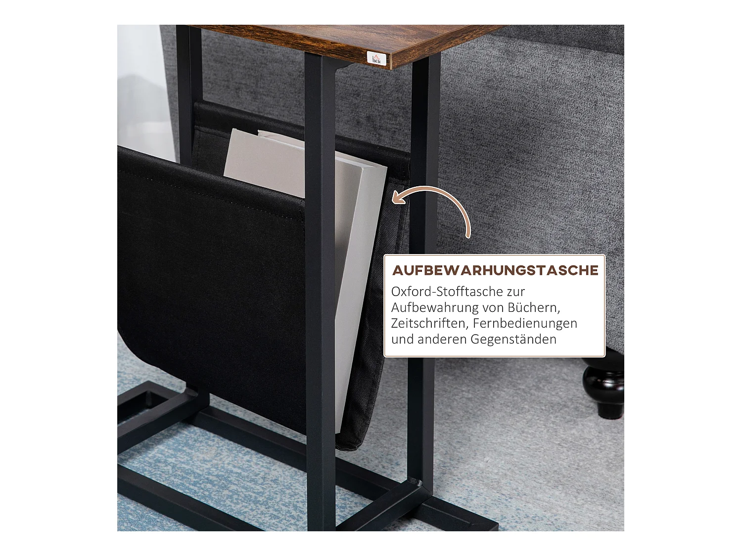 Bijzettafel met opbergvak, stalen frame en houten blad, donkerbruin en zwart (49x19x55cm)