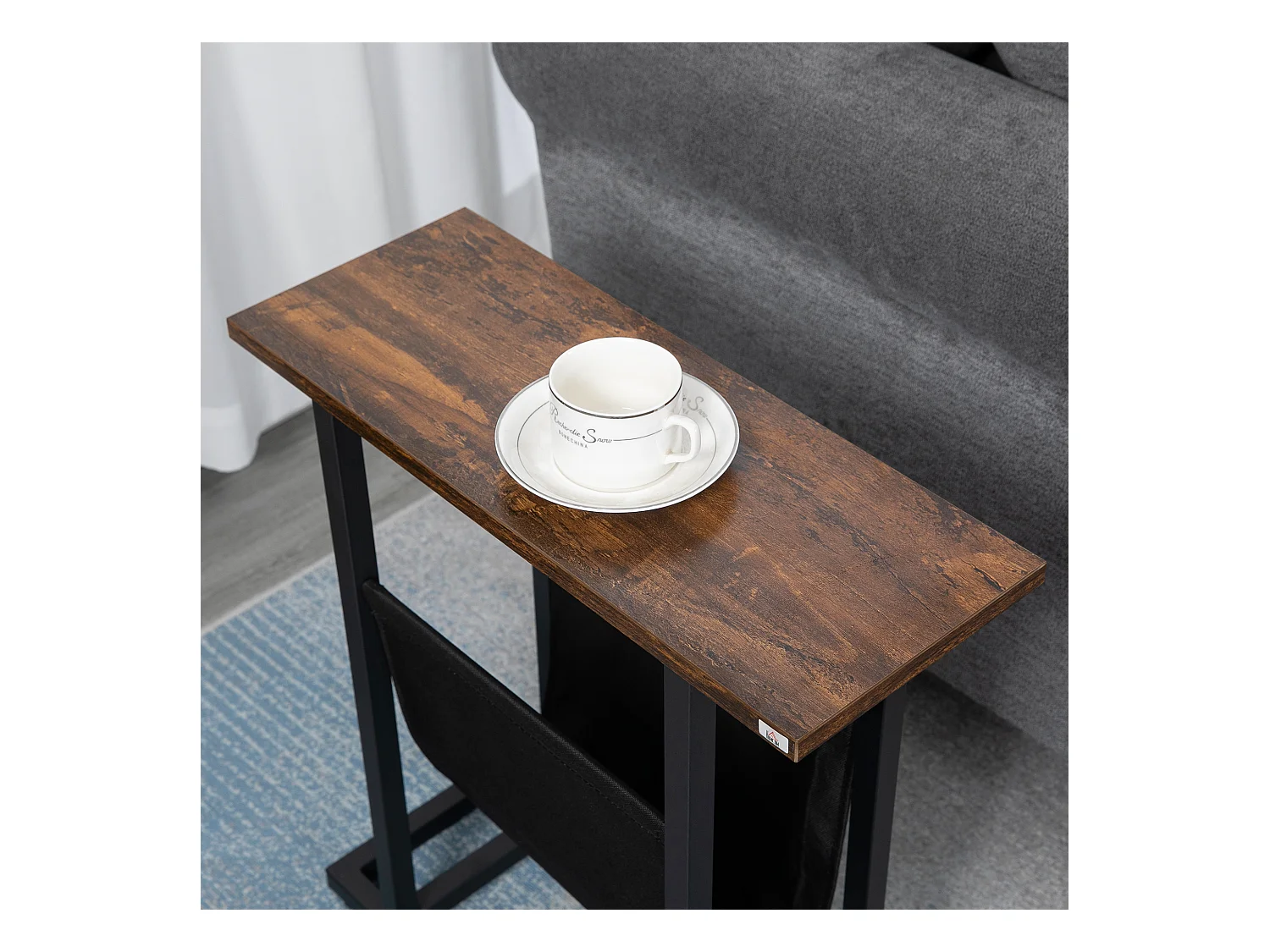 Bijzettafel met opbergvak, stalen frame en houten blad, donkerbruin en zwart (49x19x55cm)