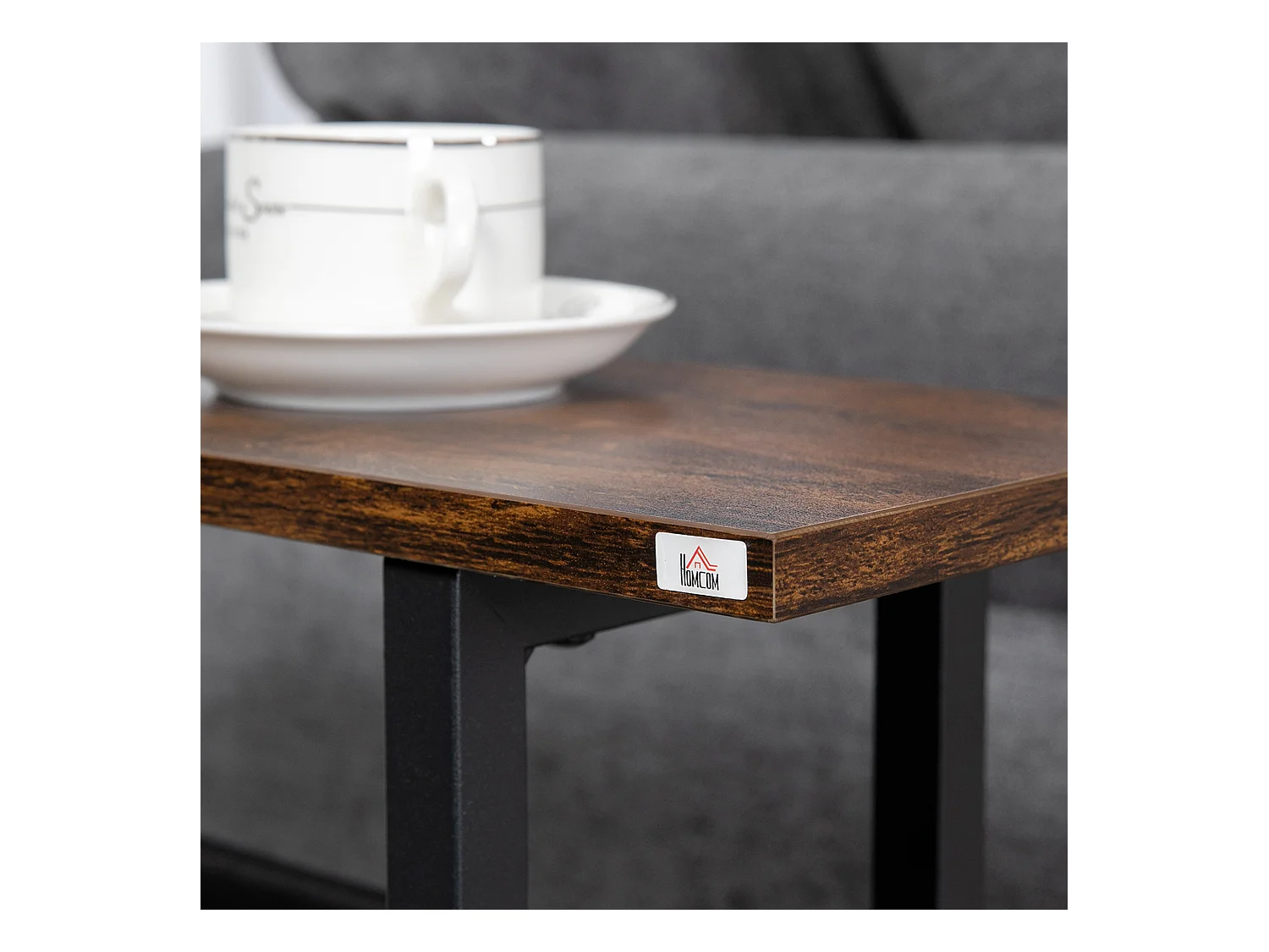 Bijzettafel met opbergvak, stalen frame en houten blad, donkerbruin en zwart (49x19x55cm)