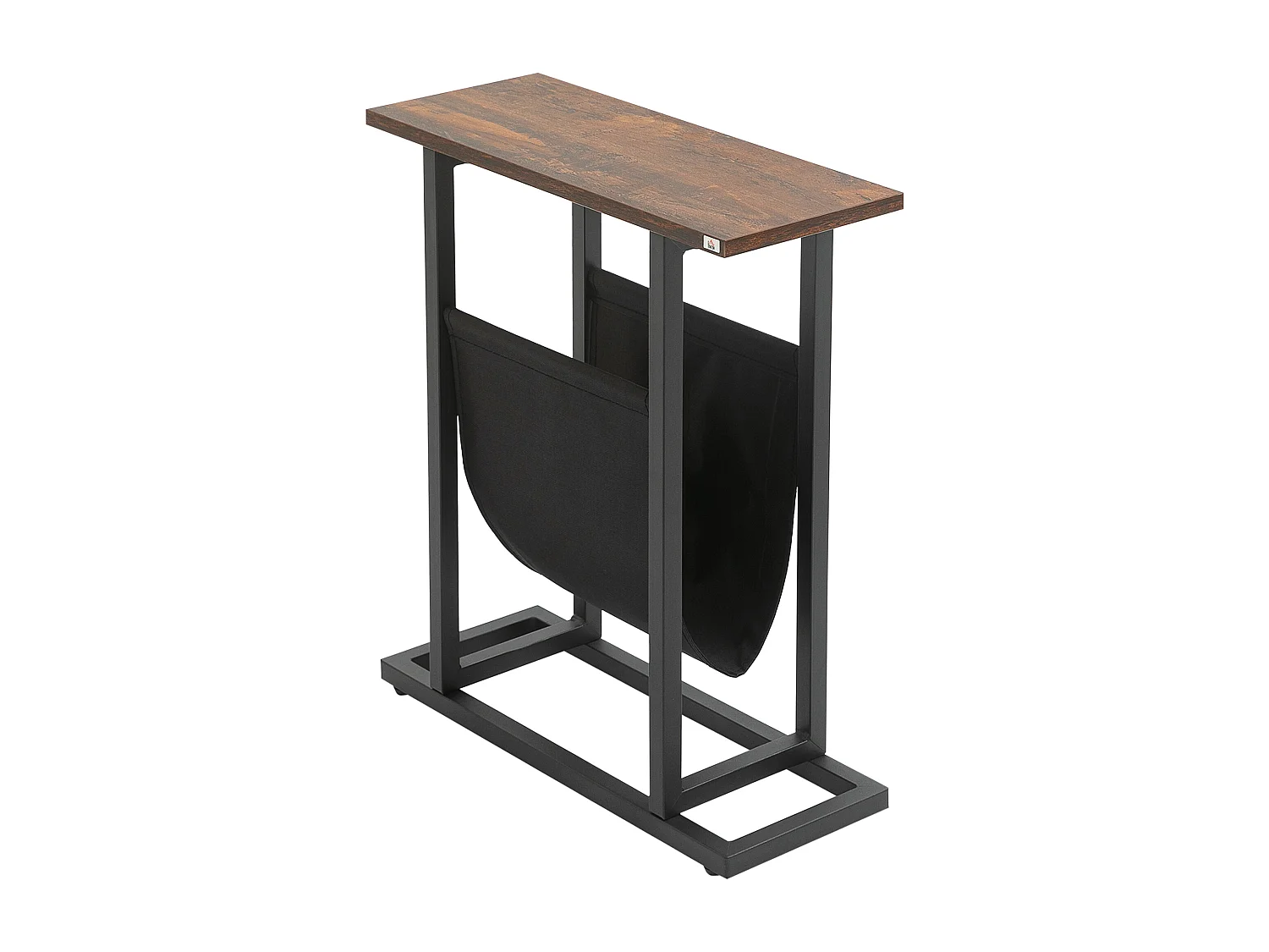Table d'appoint avec poche de rangement, cadre acier et plateau bois, marron foncé et noir (49x19x55cm)