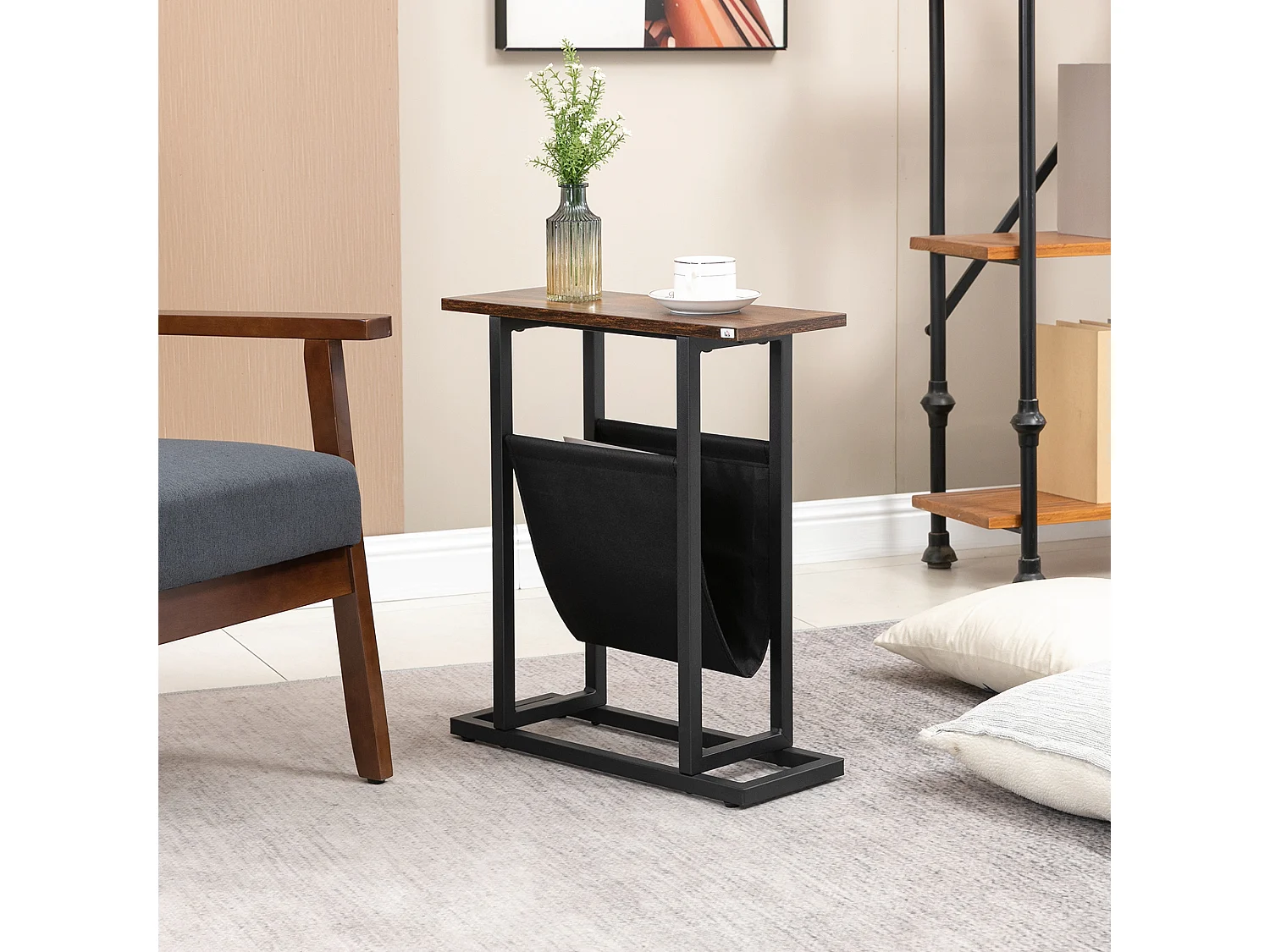 Table d'appoint avec poche de rangement, cadre acier et plateau bois, marron foncé et noir (49x19x55cm)