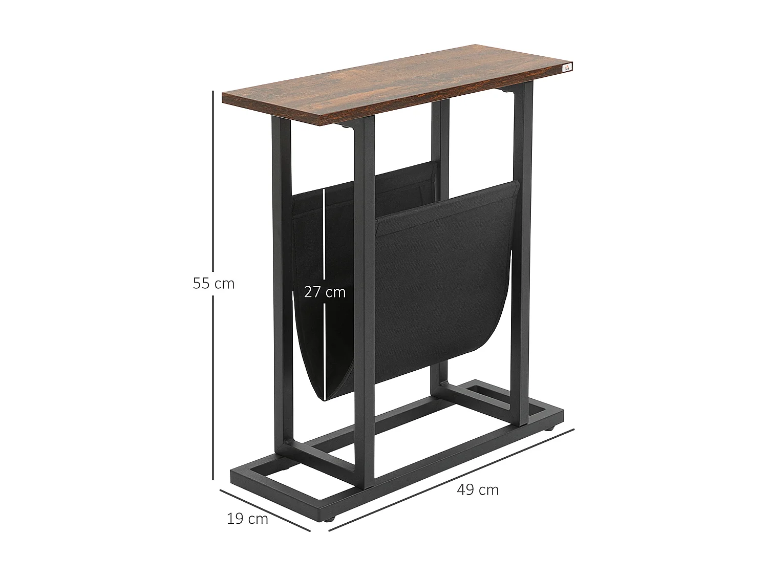 Table d'appoint avec poche de rangement, cadre acier et plateau bois, marron foncé et noir (49x19x55cm)