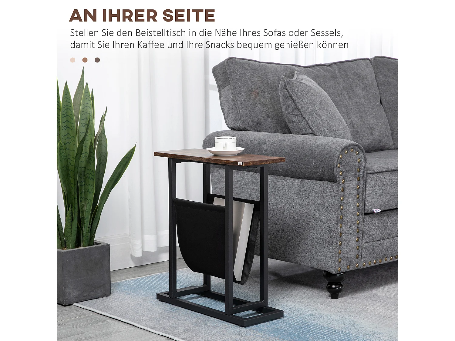 Table d'appoint avec poche de rangement, cadre acier et plateau bois, marron foncé et noir (49x19x55cm)