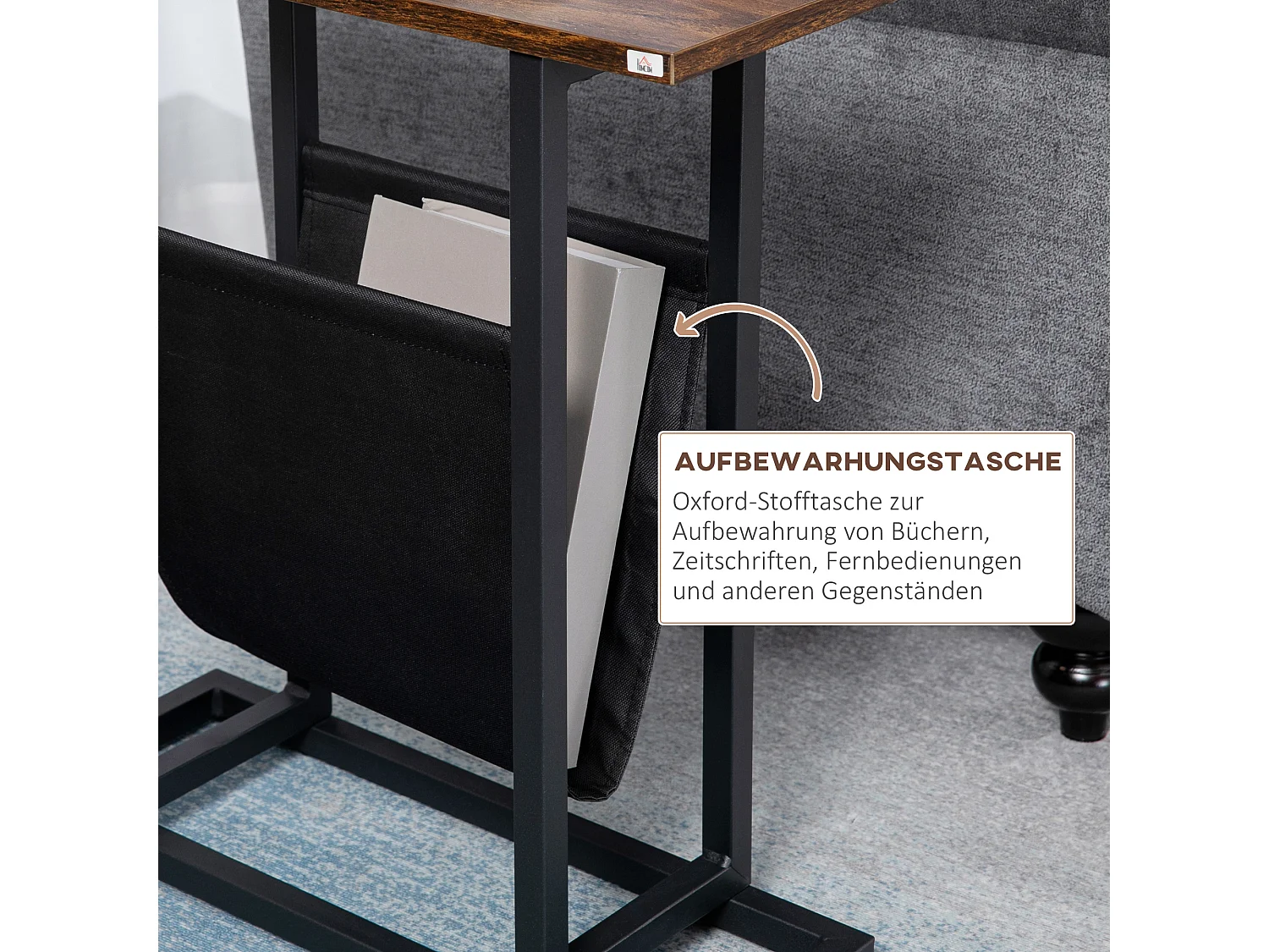 Table d'appoint avec poche de rangement, cadre acier et plateau bois, marron foncé et noir (49x19x55cm)