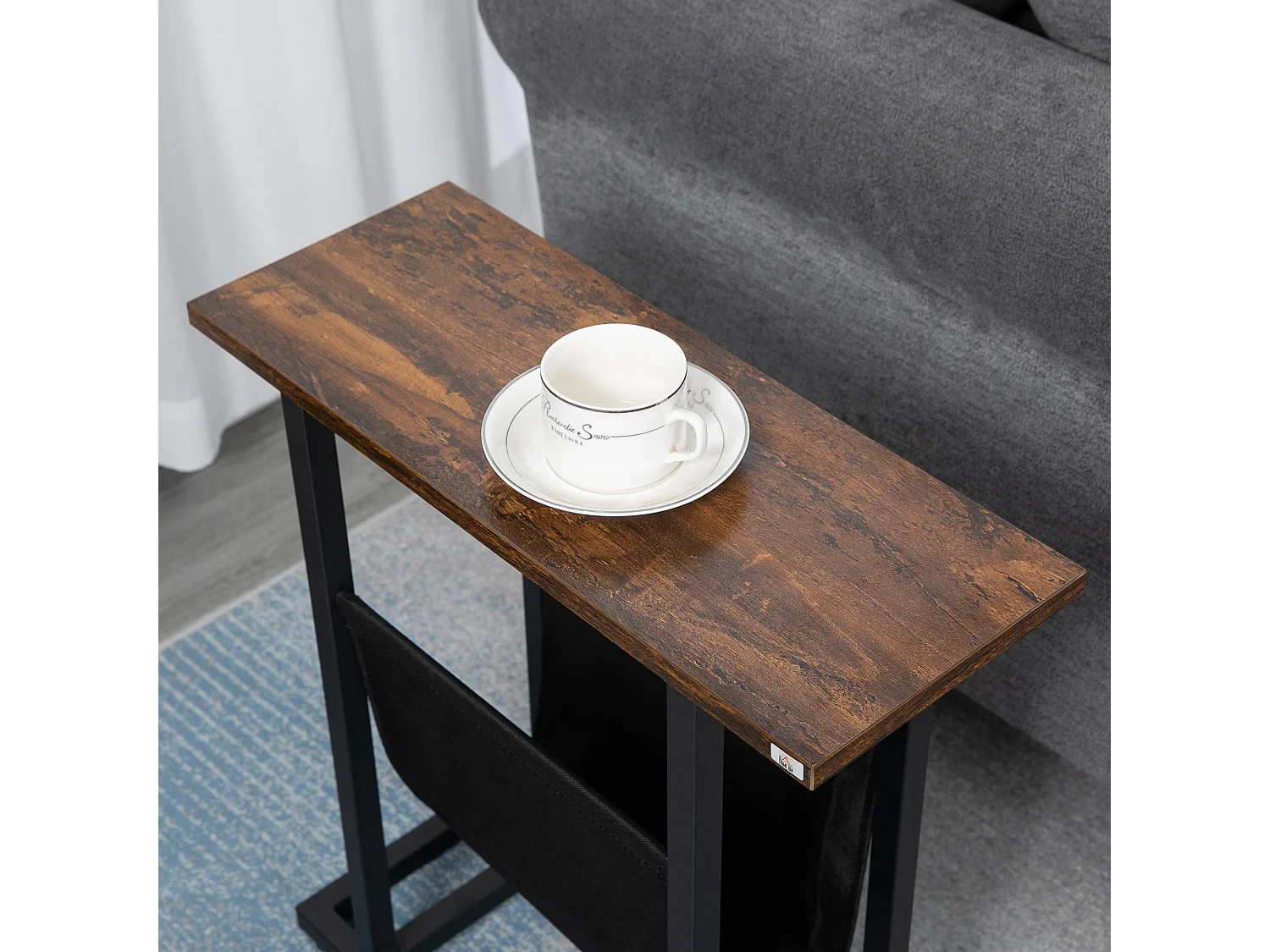 Table d'appoint avec poche de rangement, cadre acier et plateau bois, marron foncé et noir (49x19x55cm)