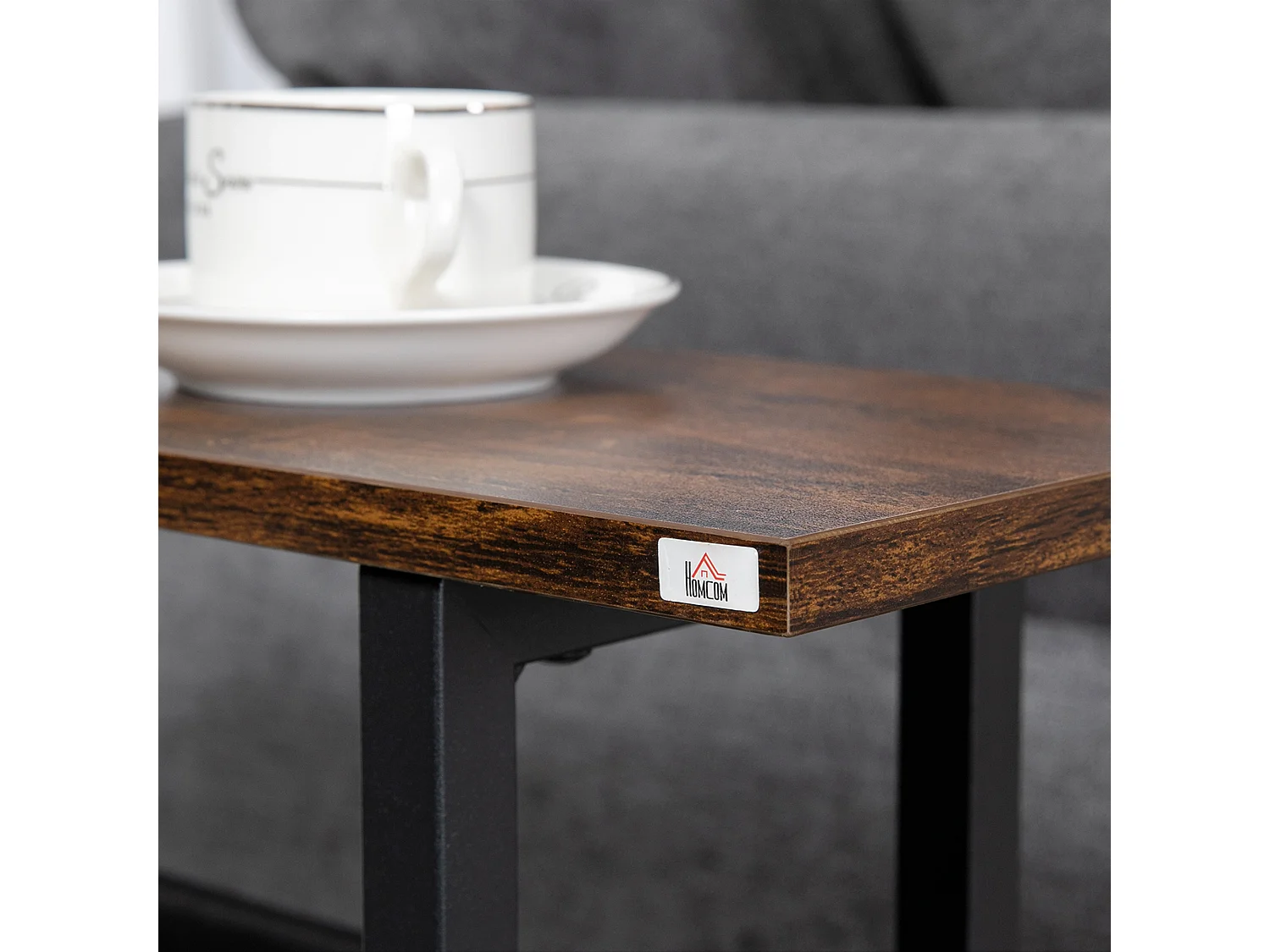 Table d'appoint avec poche de rangement, cadre acier et plateau bois, marron foncé et noir (49x19x55cm)