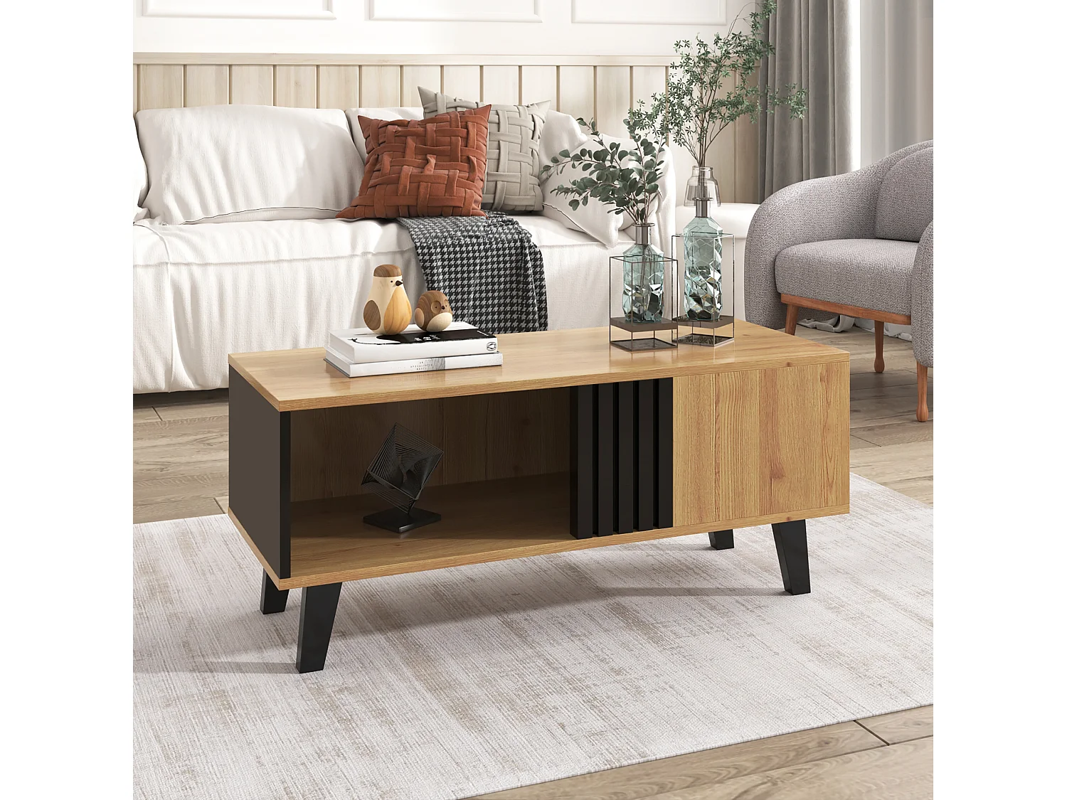 Table basse avec rangement et design moderne en bois et noir, 100x60x45 cm