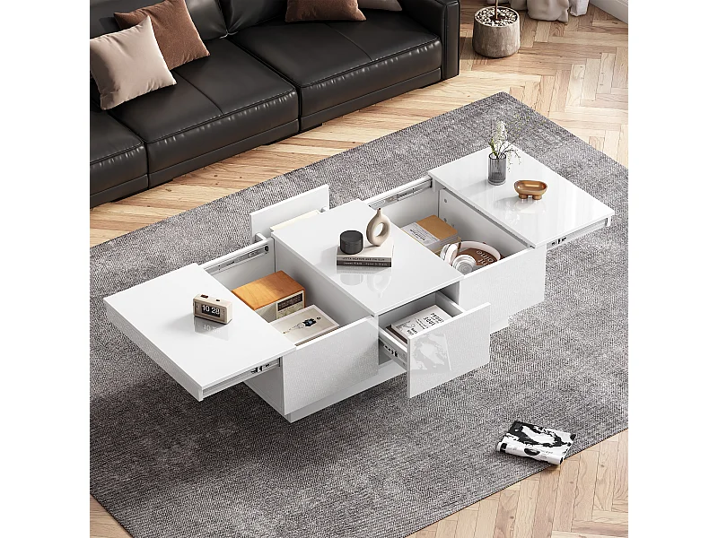 Table basse moderne en haut de gamme, fonction de glissement, 2 tiroirs, 2 compartiments cachés, MDF, blanc (100 x 55 x 35 cm)