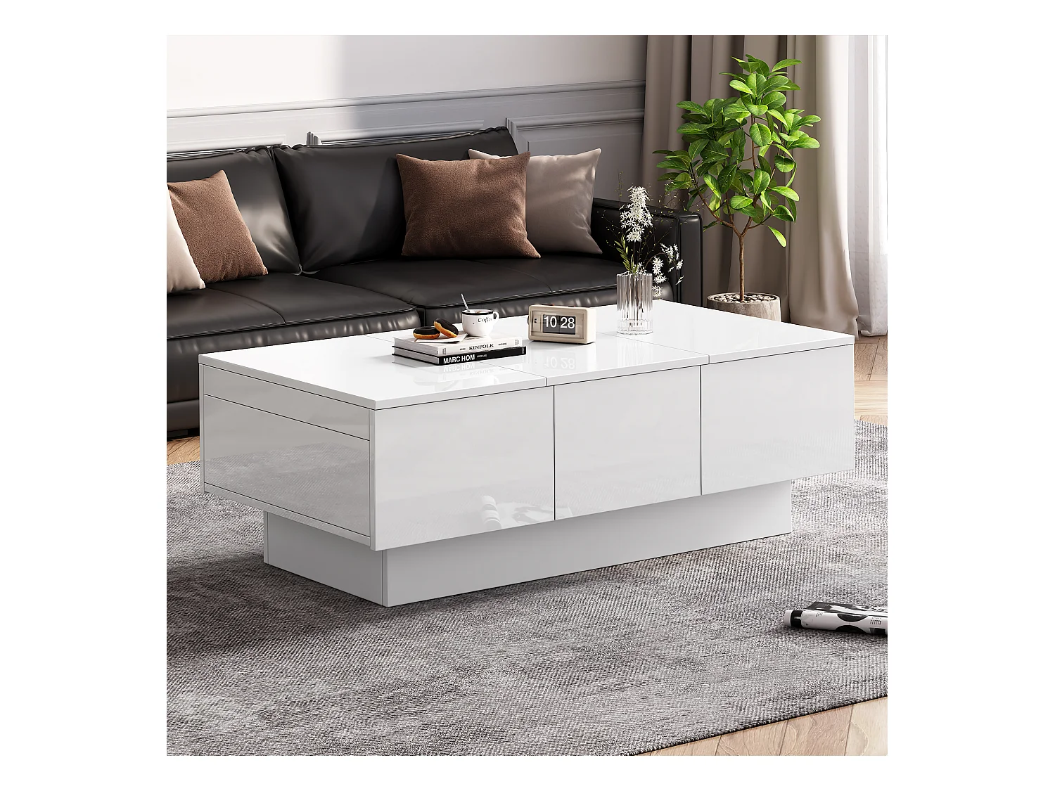 Table basse moderne en haut de gamme, fonction de glissement, 2 tiroirs, 2 compartiments cachés, MDF, blanc (100 x 55 x 35 cm)