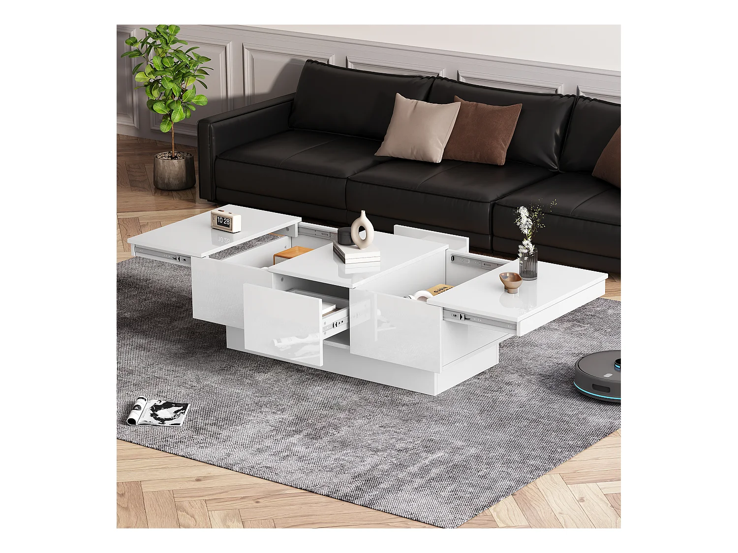 Table basse moderne en haut de gamme, fonction de glissement, 2 tiroirs, 2 compartiments cachés, MDF, blanc (100 x 55 x 35 cm)