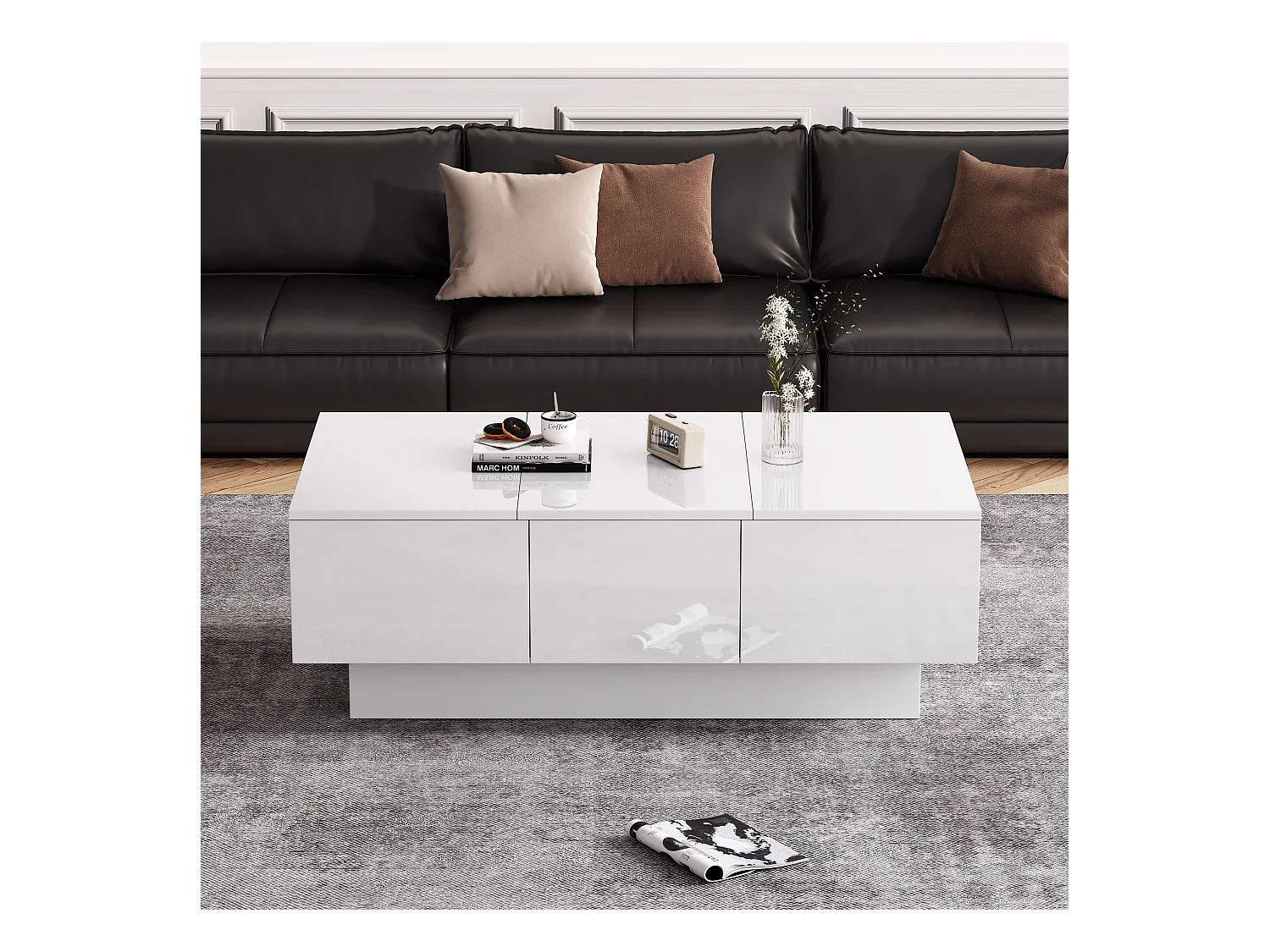 Table basse moderne en haut de gamme, fonction de glissement, 2 tiroirs, 2 compartiments cachés, MDF, blanc (100 x 55 x 35 cm)