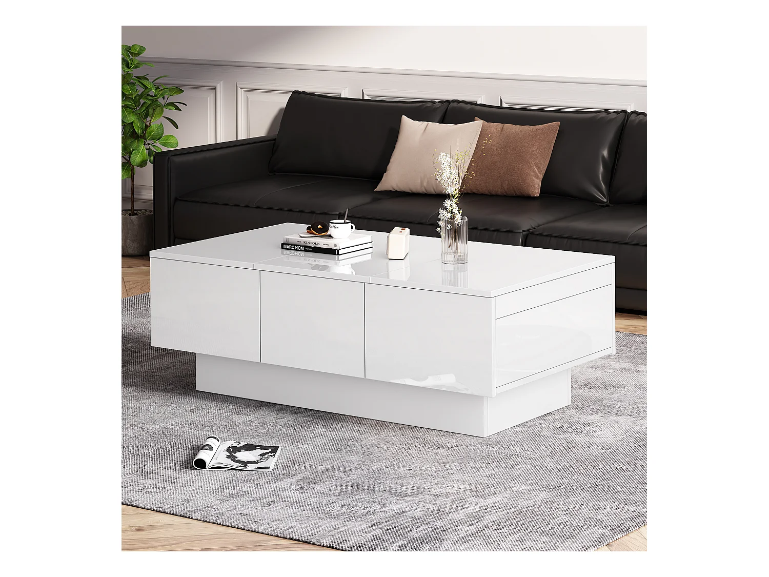 Table basse moderne en haut de gamme, fonction de glissement, 2 tiroirs, 2 compartiments cachés, MDF, blanc (100 x 55 x 35 cm)