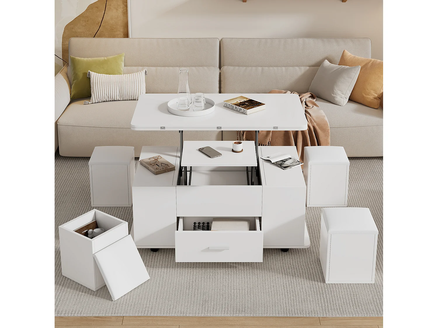 Table basse multifonction 4-en-1 avec 4 Poufs, avec système hydraulique, en MDF, blanc, (100x50x45 cm)