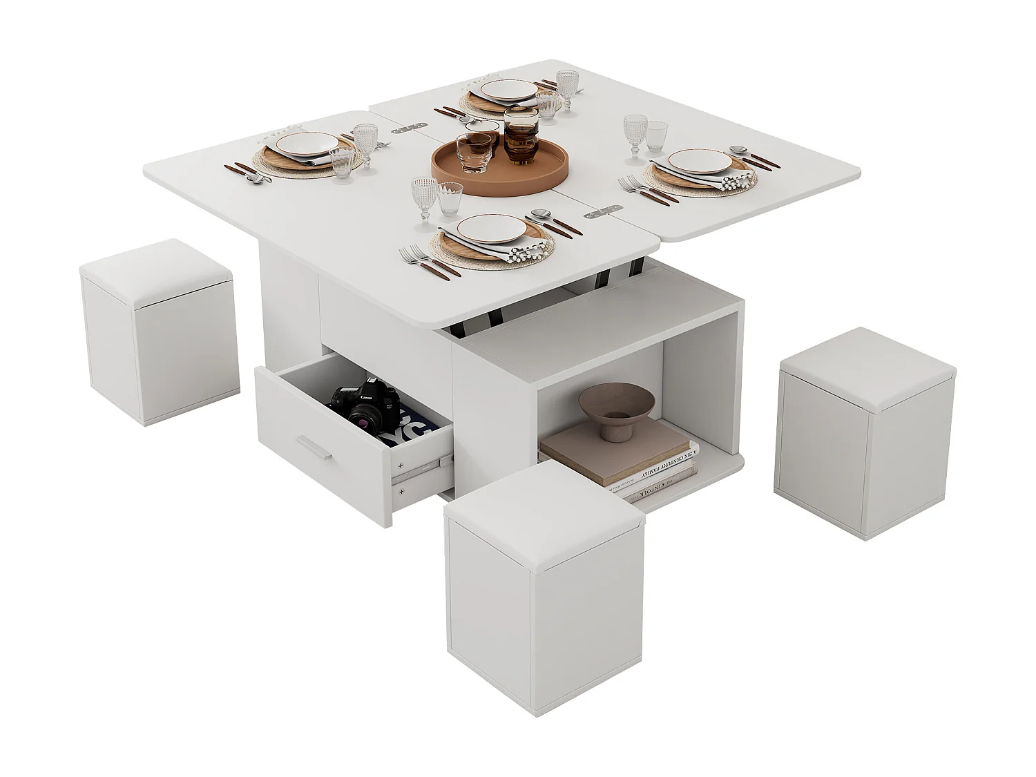 Table basse multifonction 4-en-1 avec 4 Poufs, avec système hydraulique, en MDF, blanc, (100x50x45 cm)