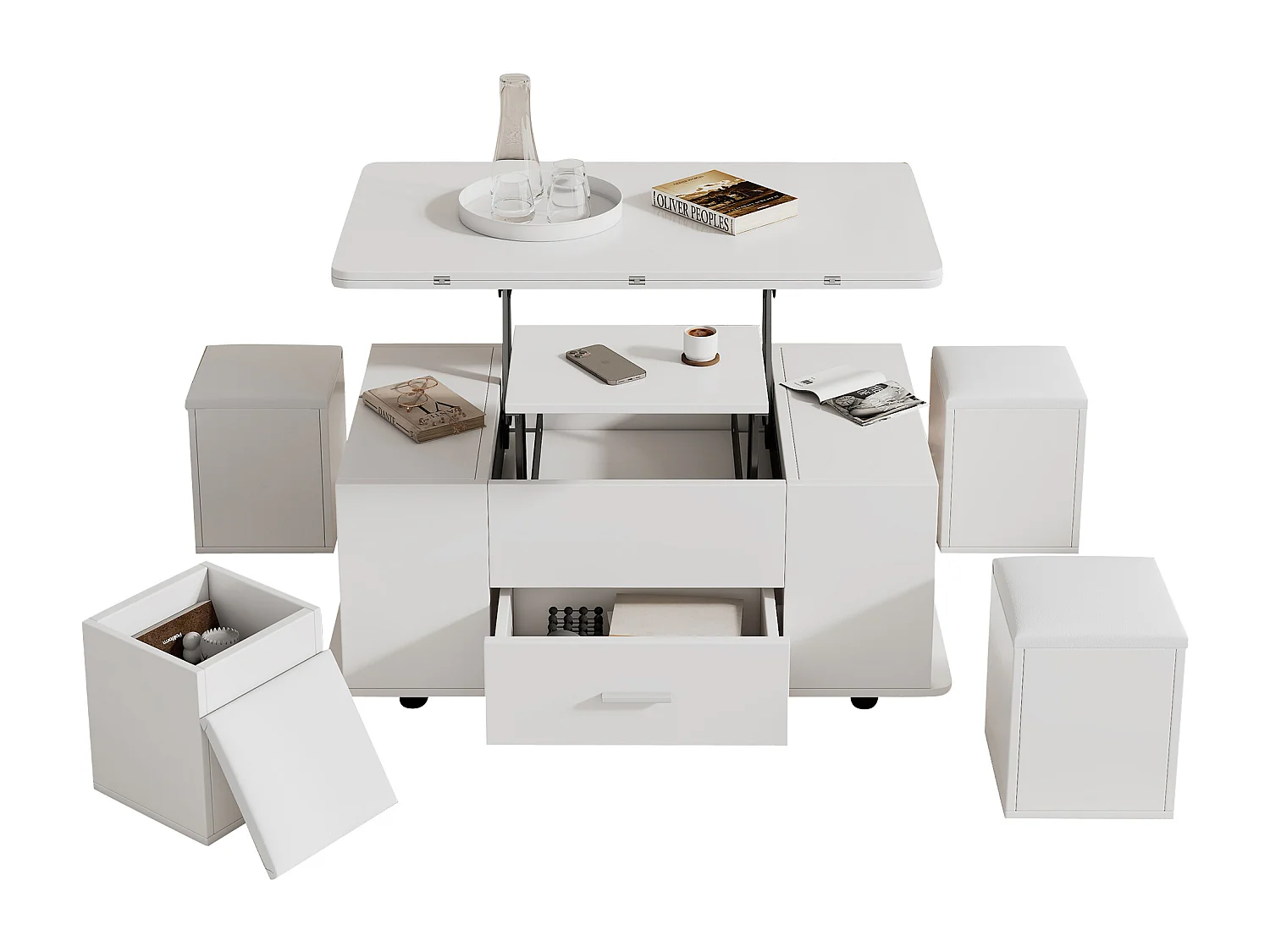 Table basse multifonction 4-en-1 avec 4 Poufs, avec système hydraulique, en MDF, blanc, (100x50x45 cm)