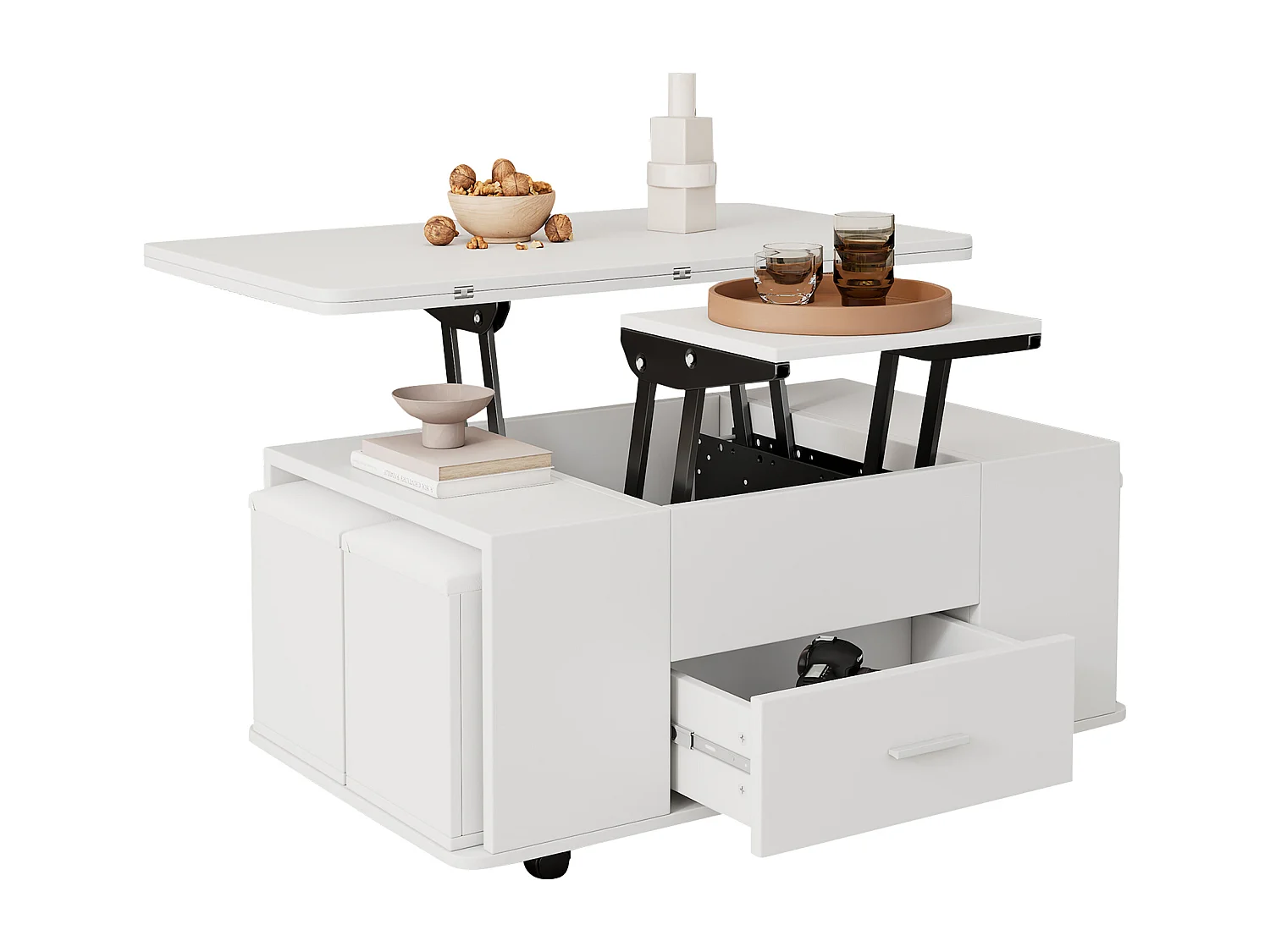 Table basse multifonction 4-en-1 avec 4 Poufs, avec système hydraulique, en MDF, blanc, (100x50x45 cm)