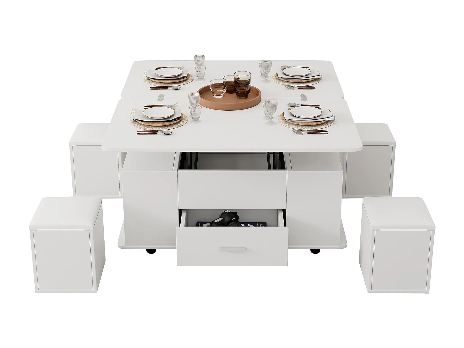 Table basse multifonction 4-en-1 avec 4 Poufs, avec système hydraulique, en MDF, blanc, (100x50x45 cm)