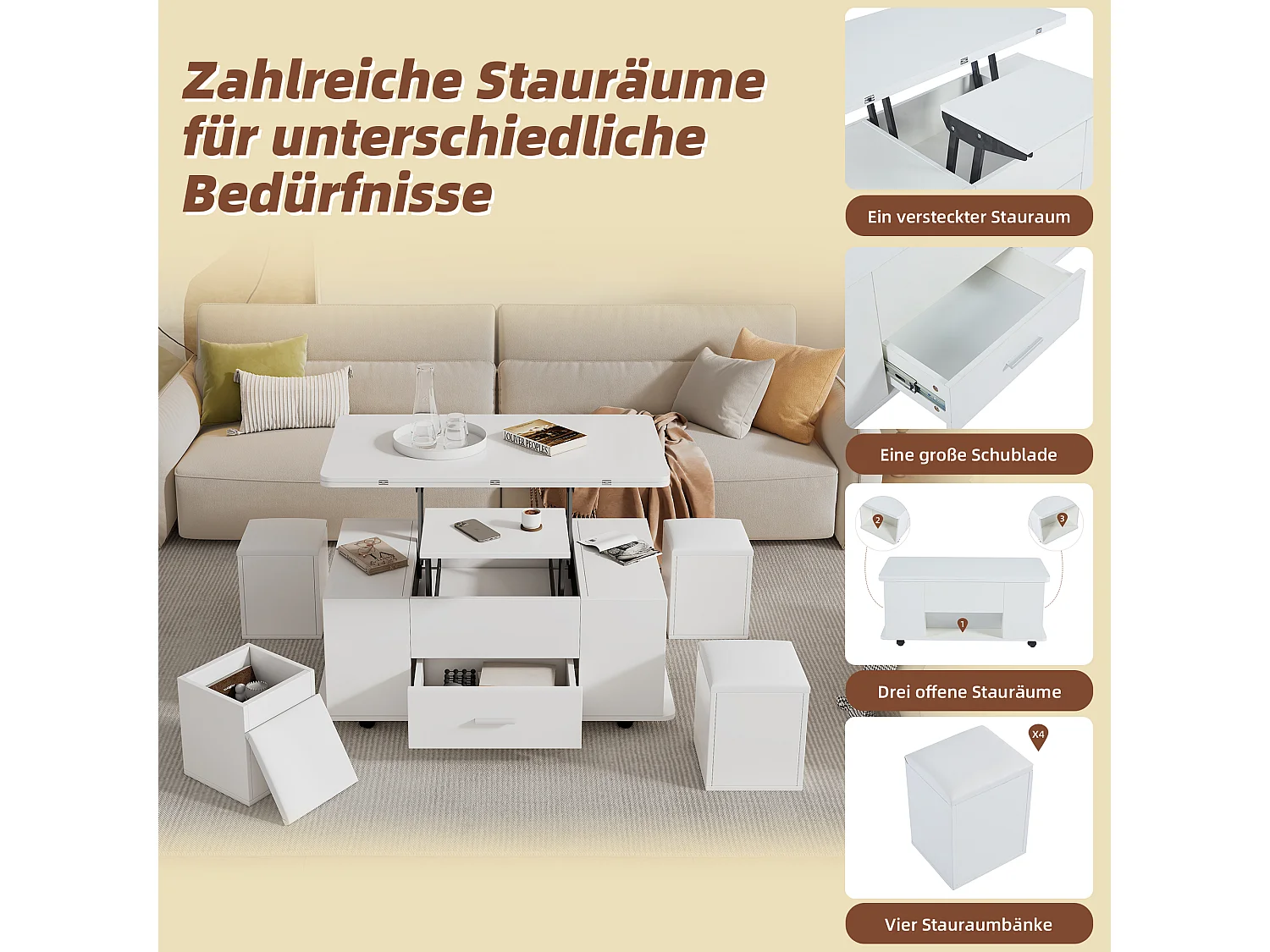 Table basse multifonction 4-en-1 avec 4 Poufs, avec système hydraulique, en MDF, blanc, (100x50x45 cm)