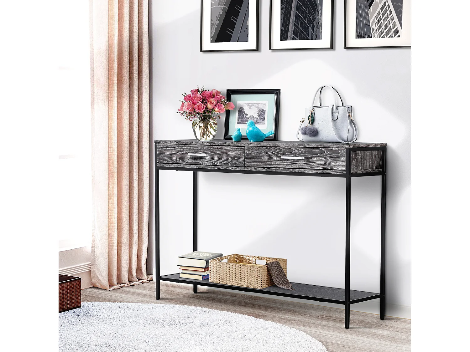 Table console avec 2 tiroirs et étagère inférieure, métal et bois, gris (120x30x81.5 cm)