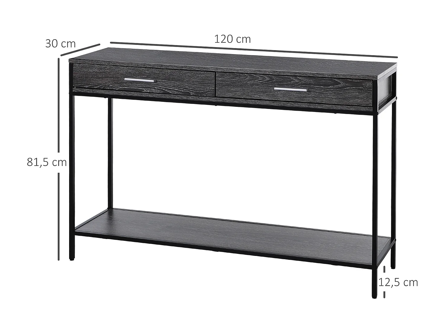 Table console avec 2 tiroirs et étagère inférieure, métal et bois, gris (120x30x81.5 cm)