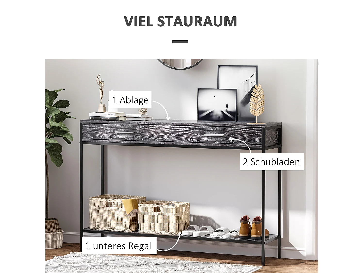 Table console avec 2 tiroirs et étagère inférieure, métal et bois, gris (120x30x81.5 cm)