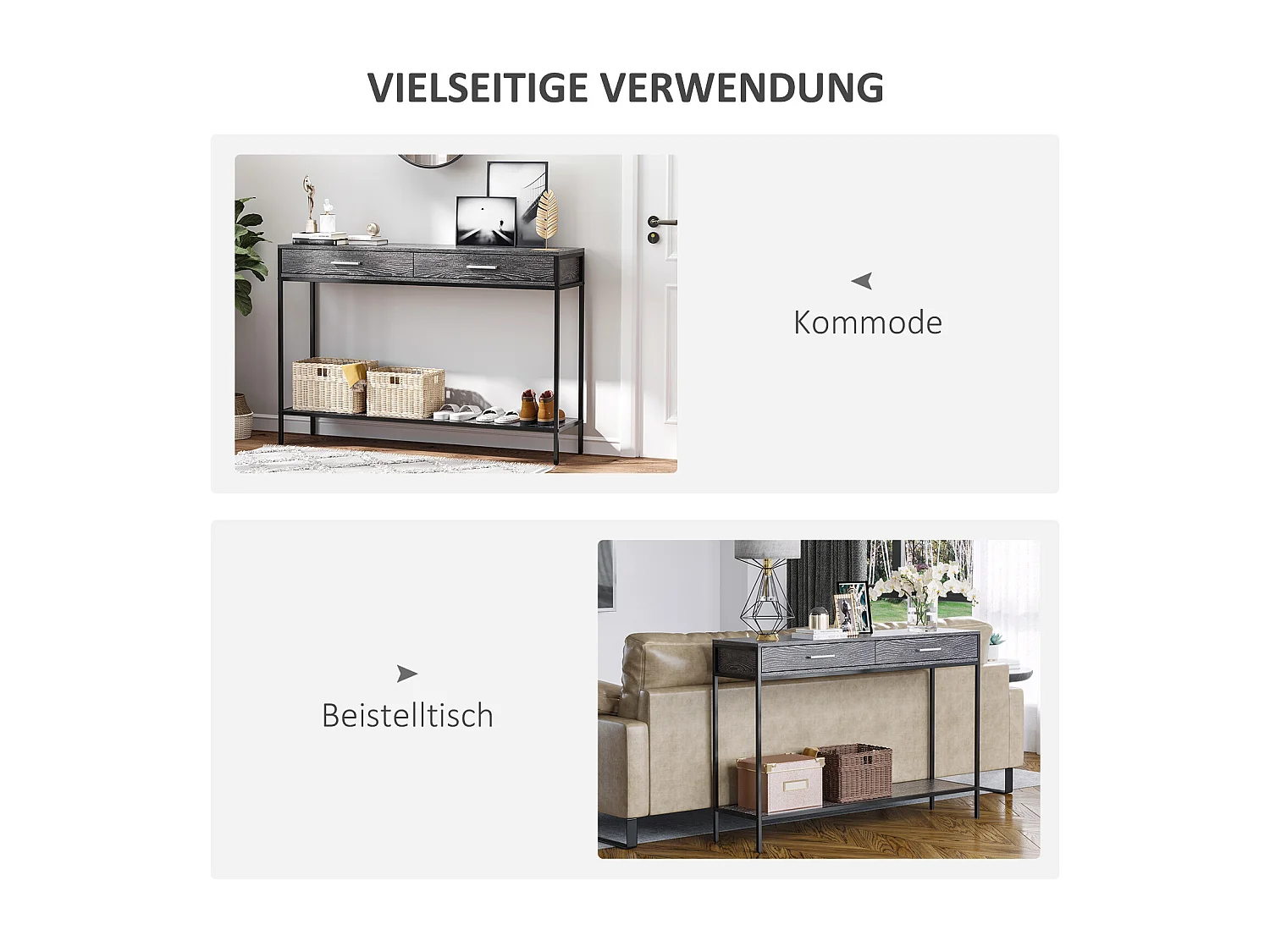 Table console avec 2 tiroirs et étagère inférieure, métal et bois, gris (120x30x81.5 cm)