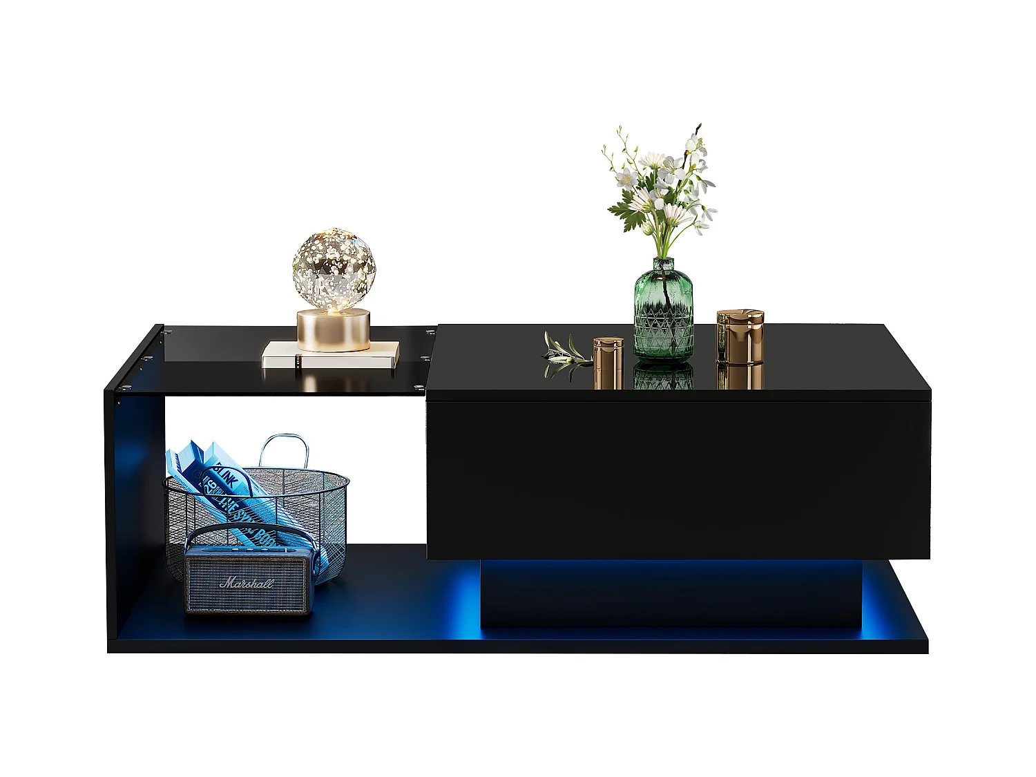 Table basse laquée noire avec plateau en verre, LED et tiroir de rangement, design moderne, panneau de particules, 100x50x32 cm