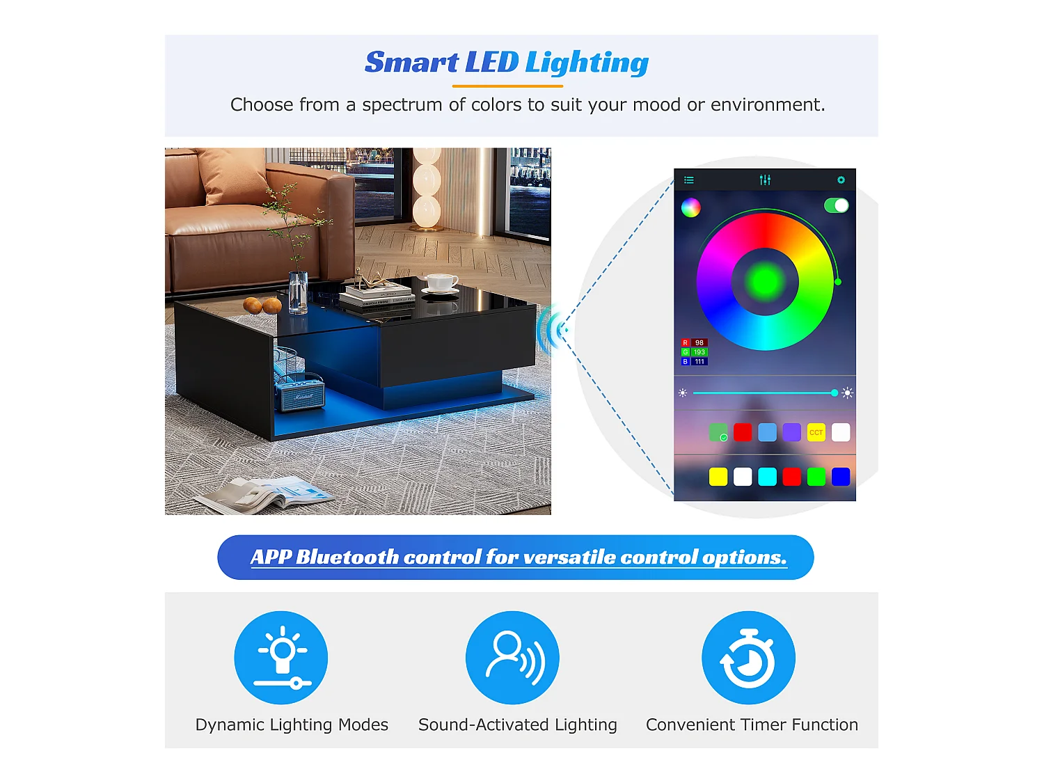 Table basse laquée noire avec plateau en verre, LED et tiroir de rangement, design moderne, panneau de particules, 100x50x32 cm