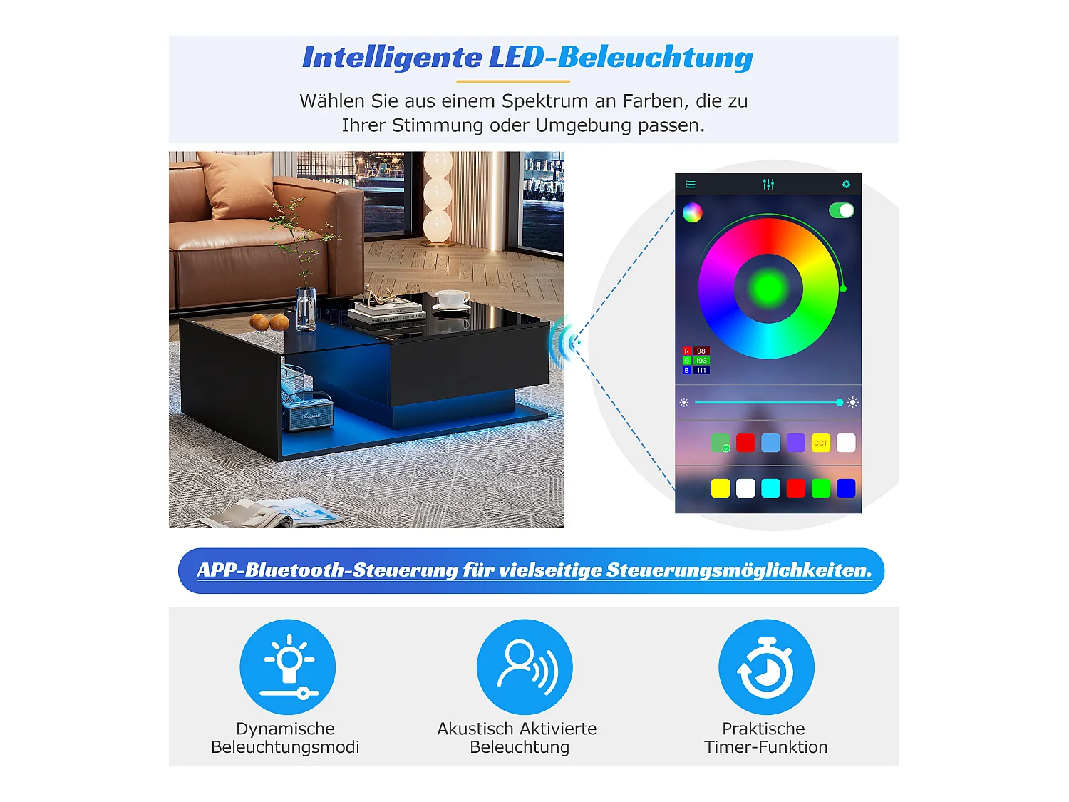 Table basse laquée noire avec plateau en verre, LED et tiroir de rangement, design moderne, panneau de particules, 100x50x32 cm