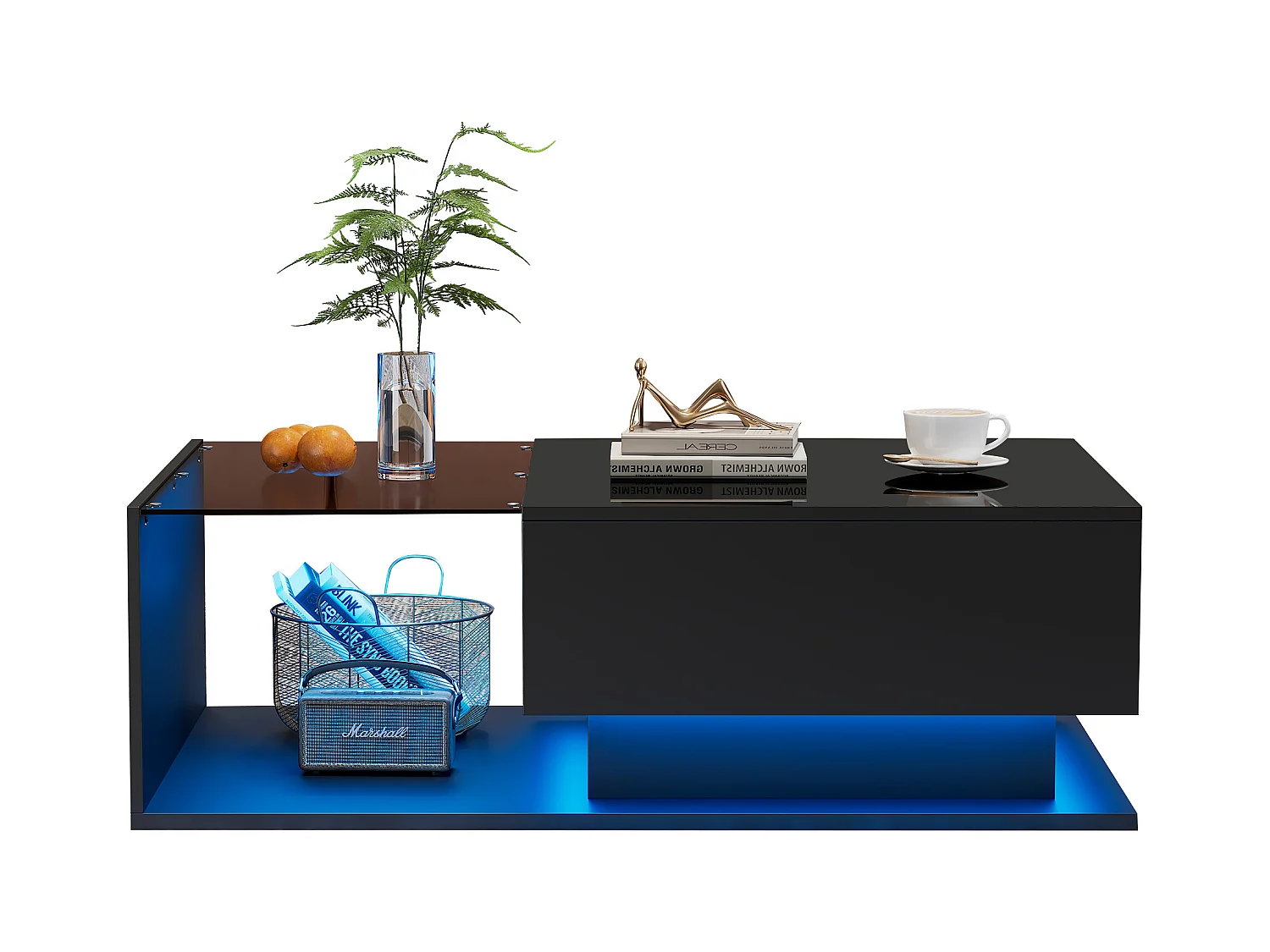 Table basse laquée noire avec plateau en verre, LED et tiroir de rangement, design moderne, panneau de particules, 100x50x32 cm