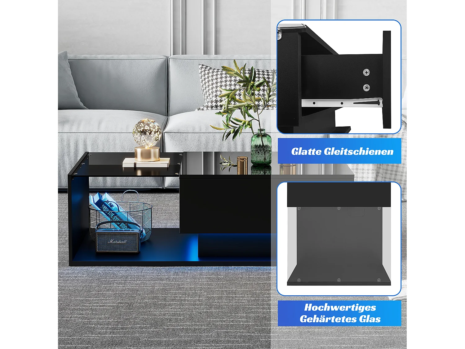 Table basse laquée noire avec plateau en verre, LED et tiroir de rangement, design moderne, panneau de particules, 100x50x32 cm