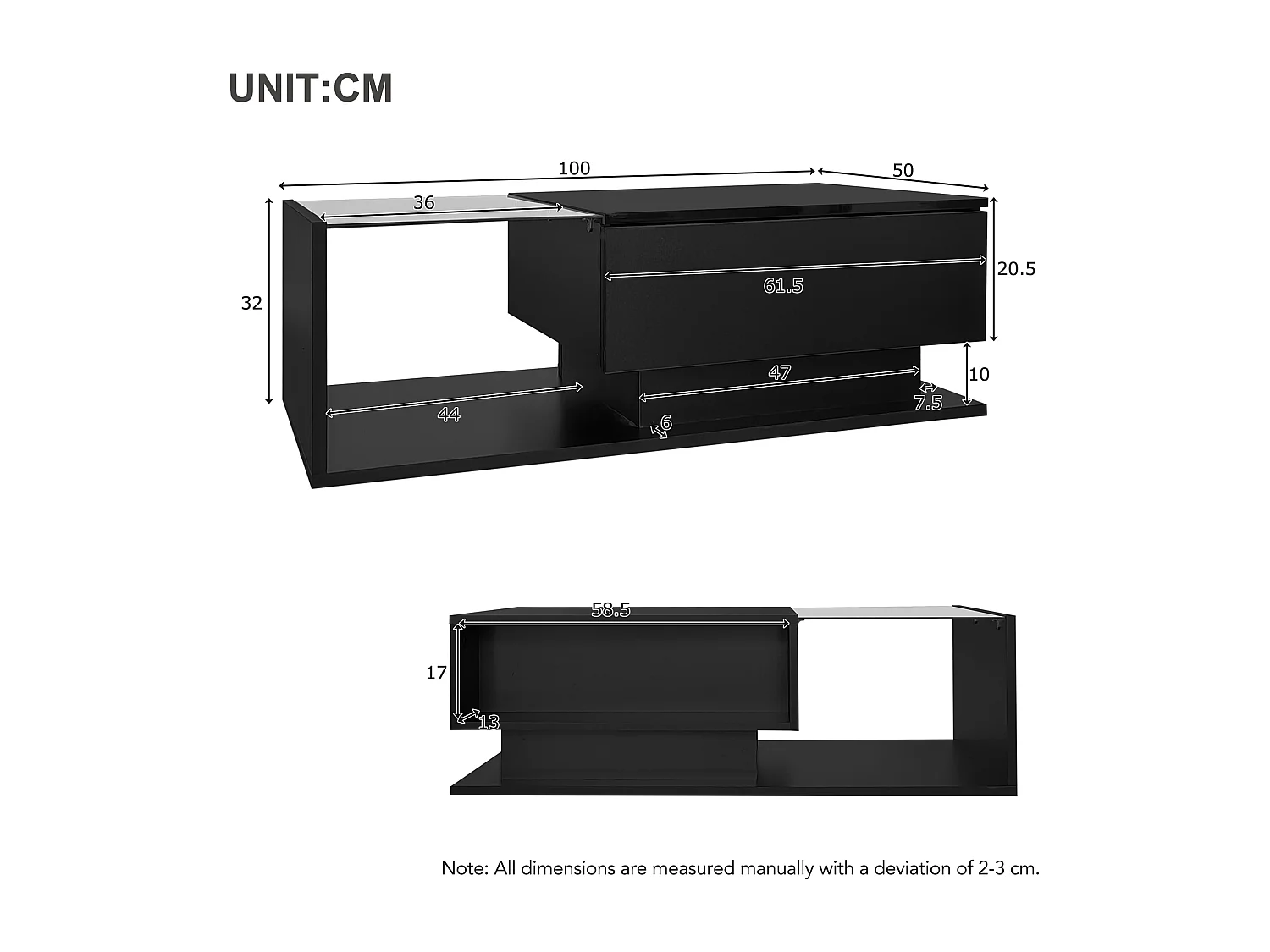 Table basse laquée noire avec plateau en verre, LED et tiroir de rangement, design moderne, panneau de particules, 100x50x32 cm
