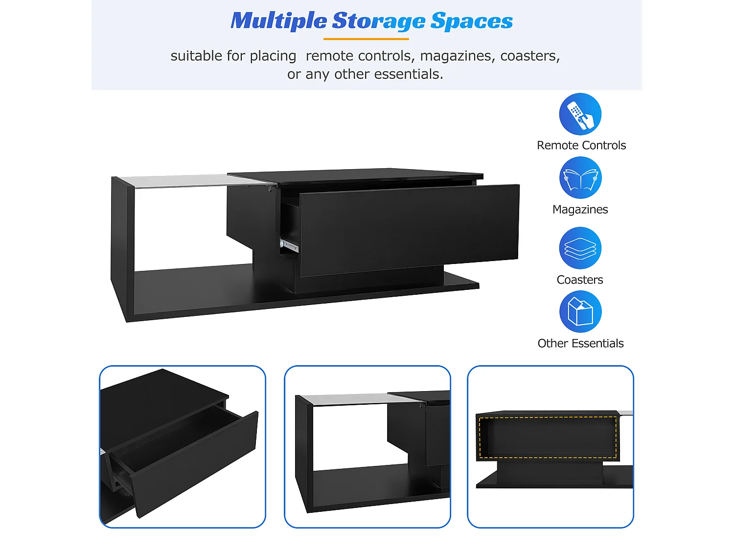 Table basse laquée noire avec plateau en verre, LED et tiroir de rangement, design moderne, panneau de particules, 100x50x32 cm