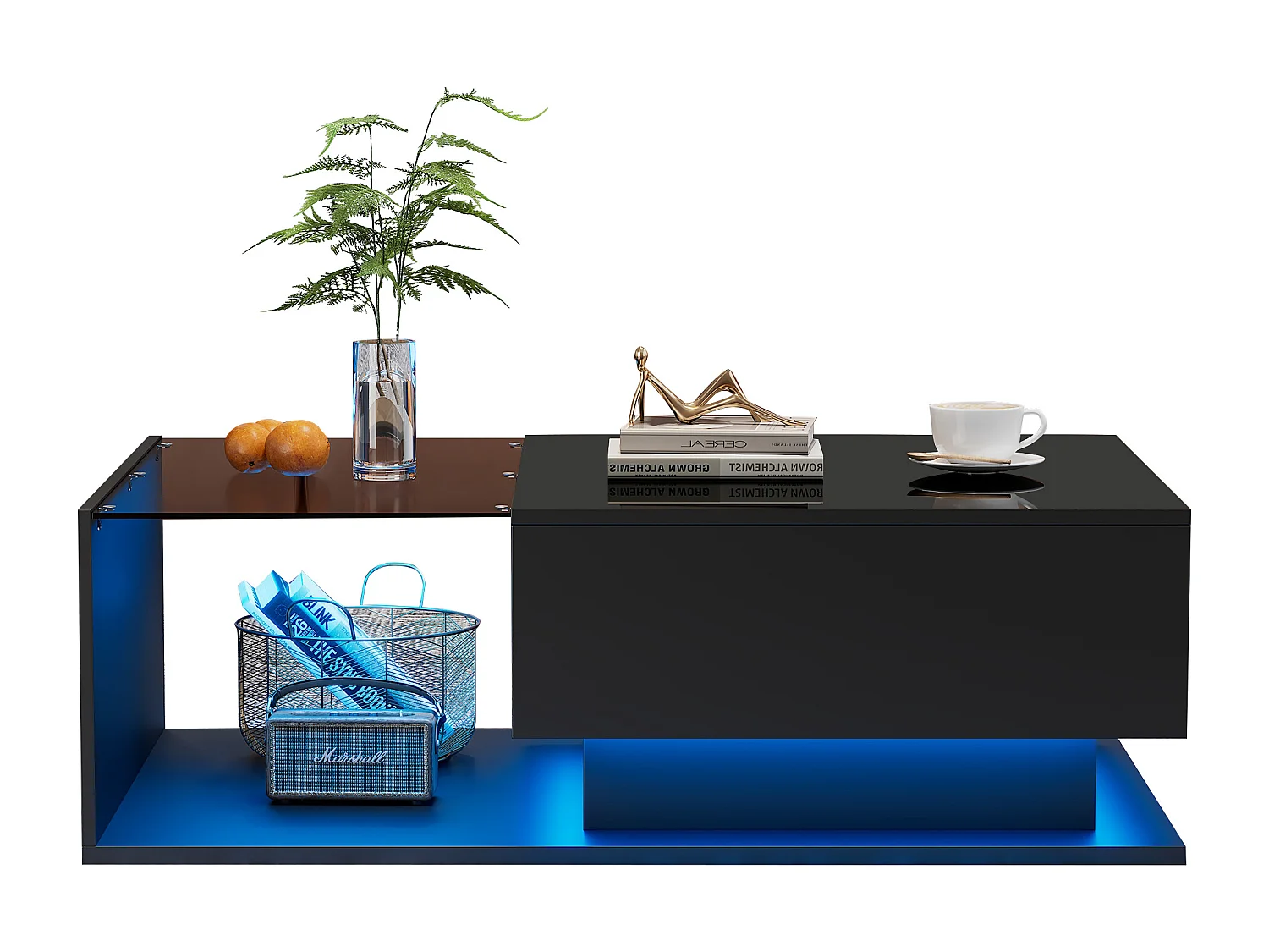 Tavolino laccato nero con piano in vetro, LED e cassetto portaoggetti, design moderno, pannello truciolare, 100x50x32 cm