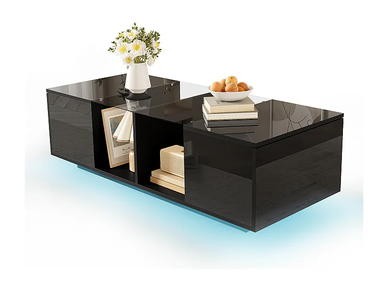 Table basse noire avec LED, surface laquée, design moderne, verre et MDF, (120x50x38.5 cm)