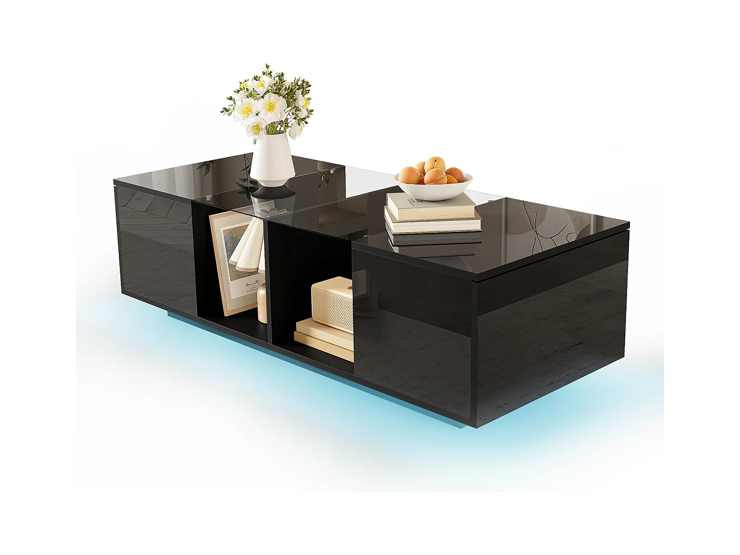 Table basse noire avec LED, surface laquée, design moderne, verre et MDF, (120x50x38.5 cm)