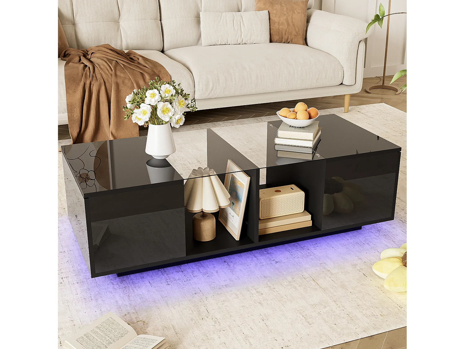 Table basse noire avec LED, surface laquée, design moderne, verre et MDF, (120x50x38.5 cm)