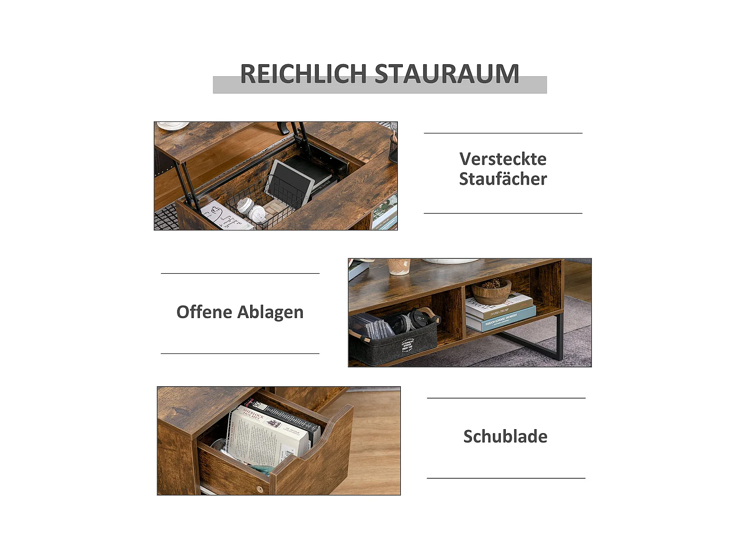 Table Basse, Plateau Réglable, Design Moderne, Bois, Marron (100x60x40 cm)